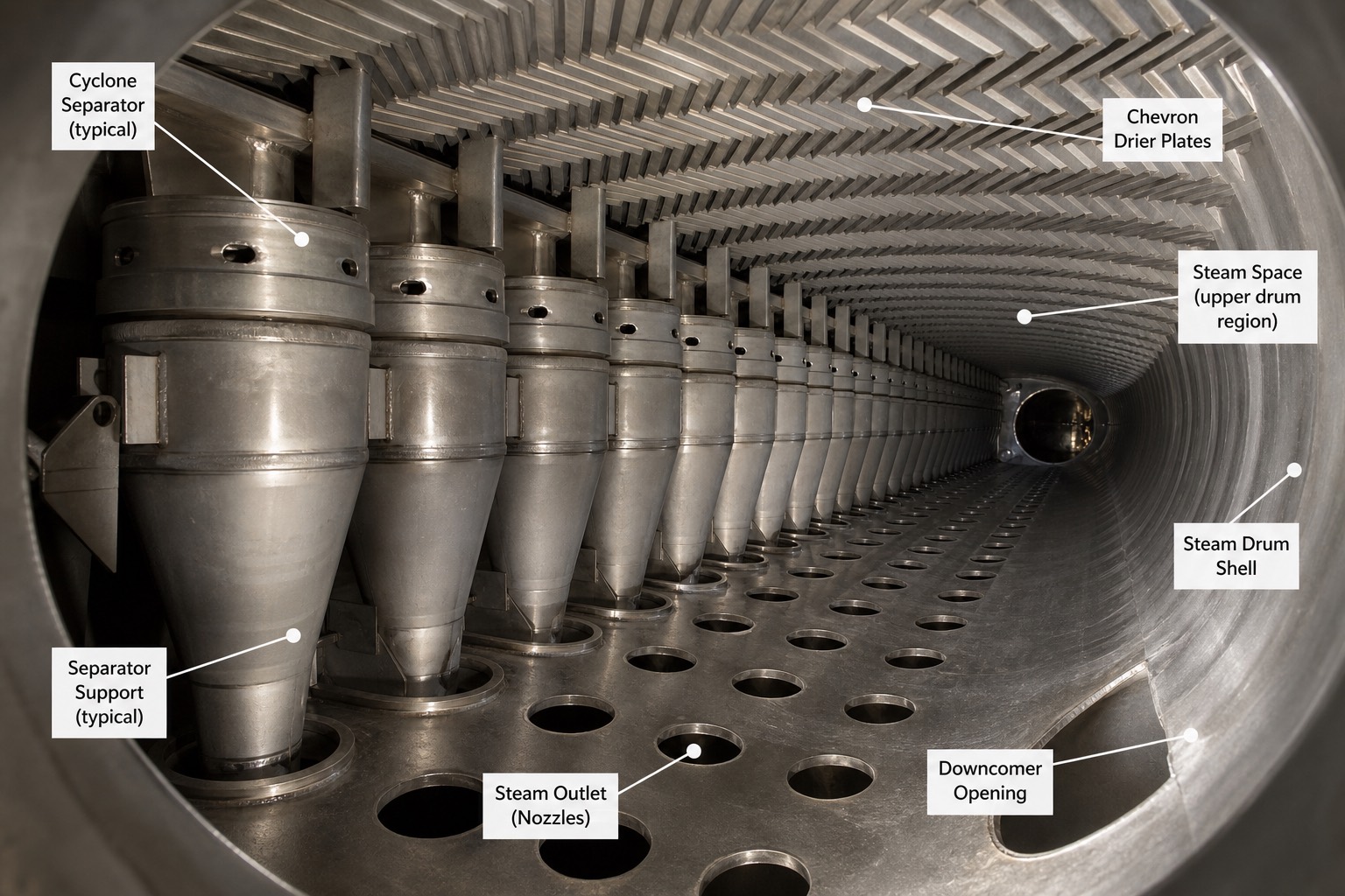 ภายใน steam drum ขณะ outage เห็นแถว cyclone separator และ chevron drier มองตามแนวยาวของ drum พร้อมป้ายกำกับ