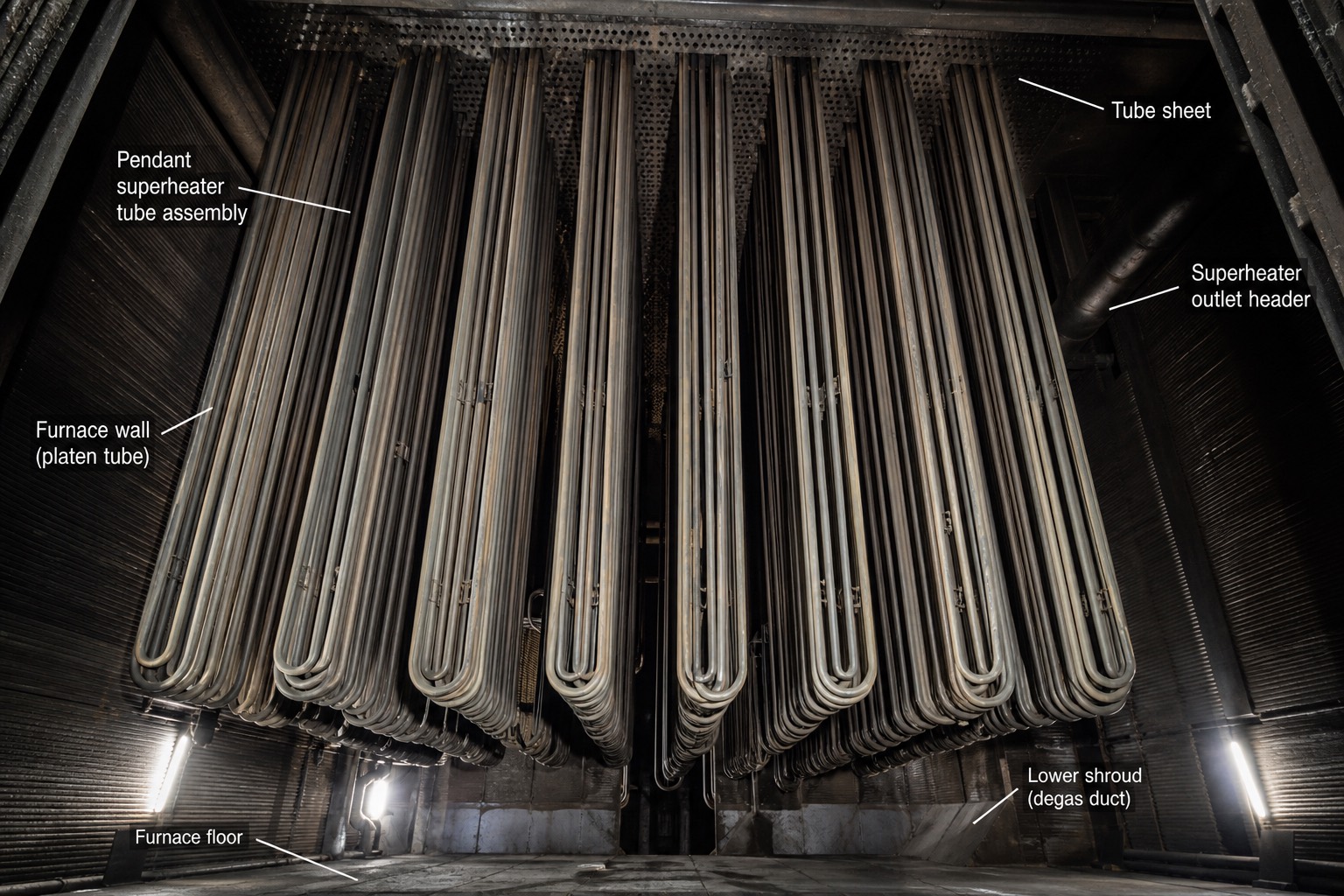 ชุด pendant/platen superheater ห้อยอยู่เหนือเตาของ boiler ขนาดใหญ่ มองขึ้นจากพื้น furnace ช่วง outage พร้อมป้ายกำกับ