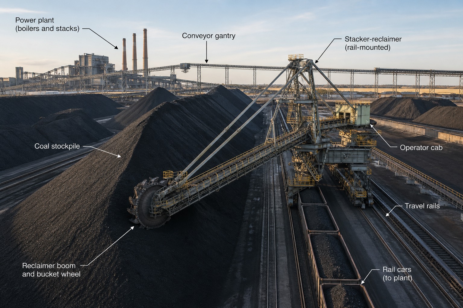 ลานกองถ่านหินของโรงไฟฟ้าพร้อมเครื่อง stacker-reclaimer แบบรางเลื่อน พร้อมป้ายกำกับส่วนประกอบ
