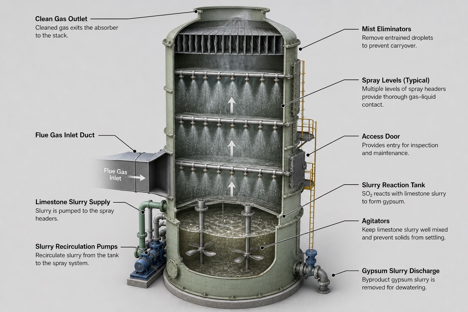 ภาพตัดขวางแสดงภายใน wet limestone FGD absorber พร้อมป้ายกำกับส่วนประกอบและคำอธิบาย
