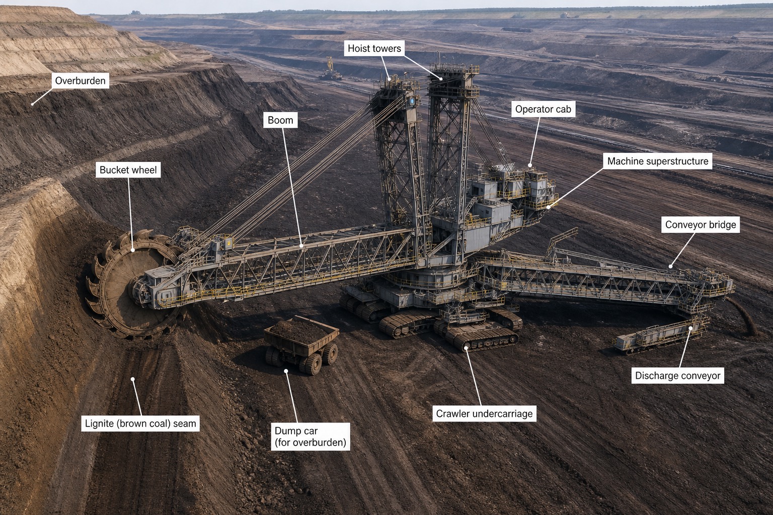เหมืองลิกไนต์แบบเปิดขนาดใหญ่ bucket wheel excavator กำลังขุดชั้นถ่านหิน พร้อมป้ายกำกับส่วนประกอบ