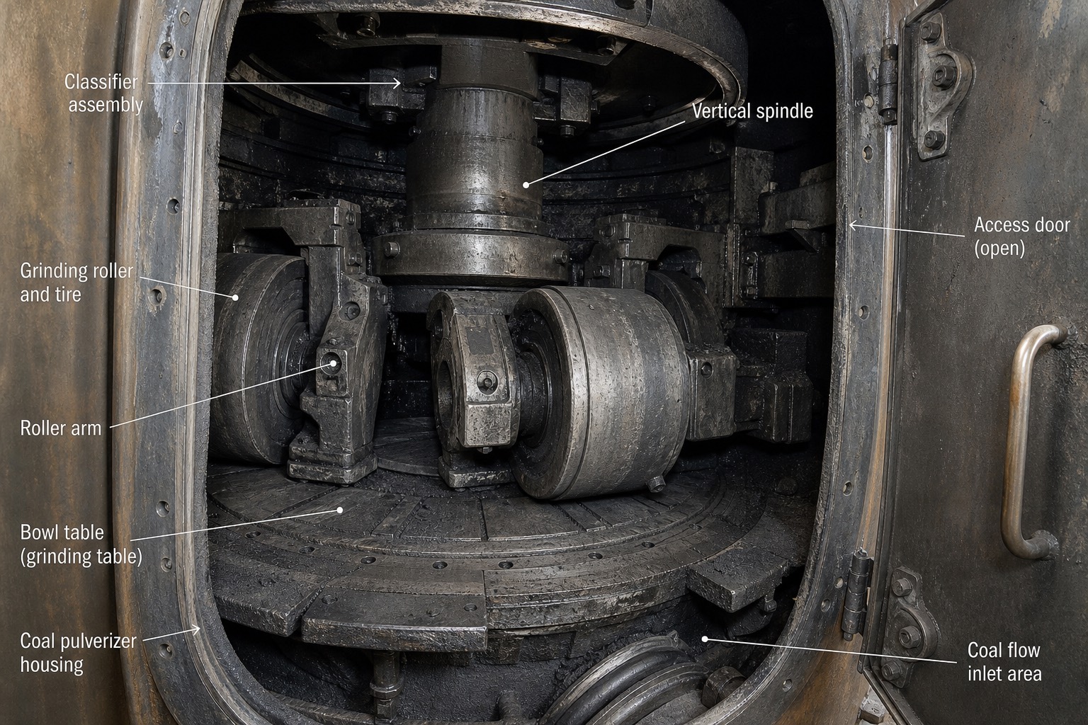 ภายใน vertical spindle coal pulverizer ที่เปิดฝาซ่อมบำรุง เห็น grinding roller กดบนชามหมุน พร้อมป้ายกำกับส่วนประกอบ