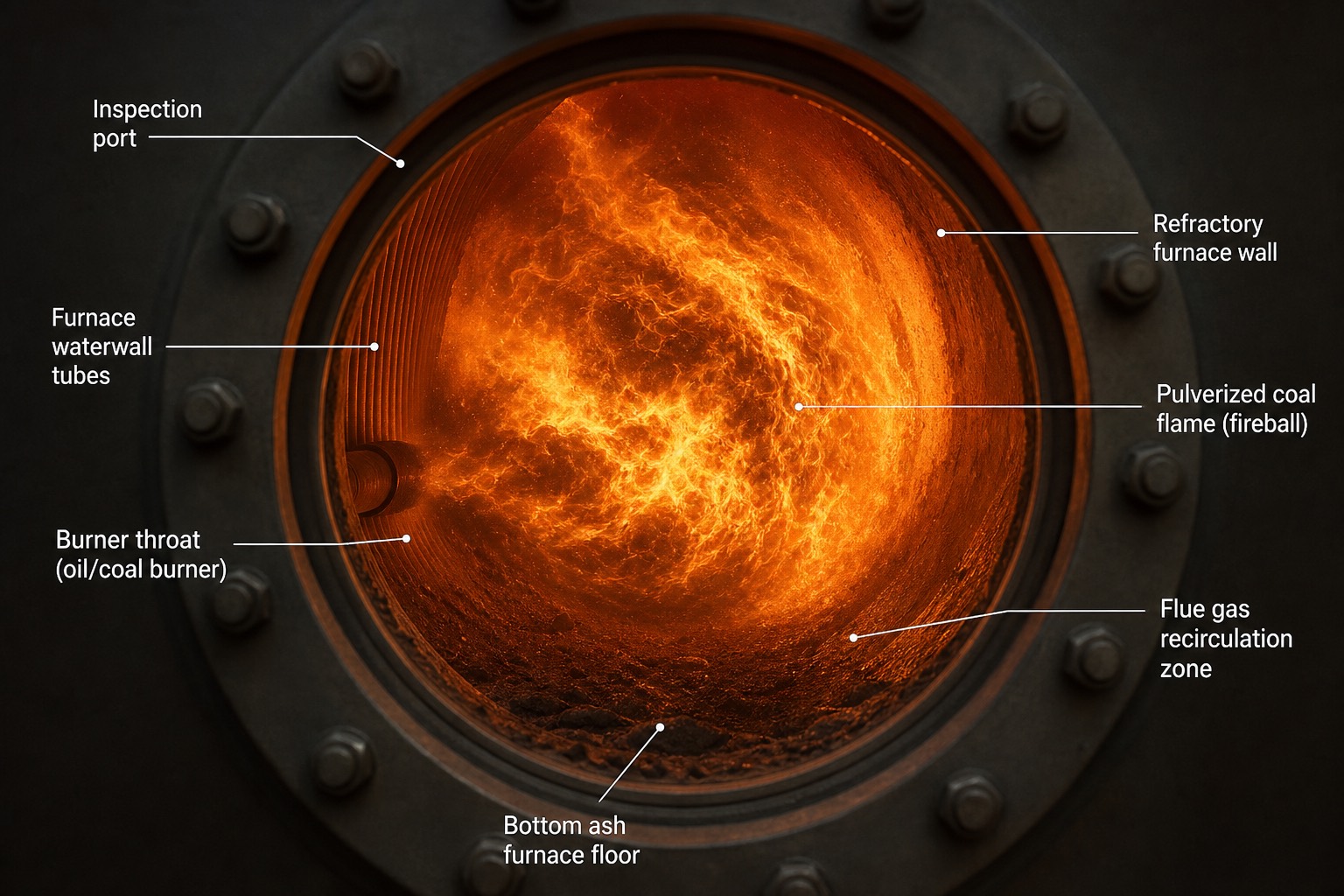 มุมมองผ่านช่องส่องของ boiler เห็น fireball หมุนกลางเตาของระบบ tangential firing พร้อมป้ายกำกับส่วนประกอบ