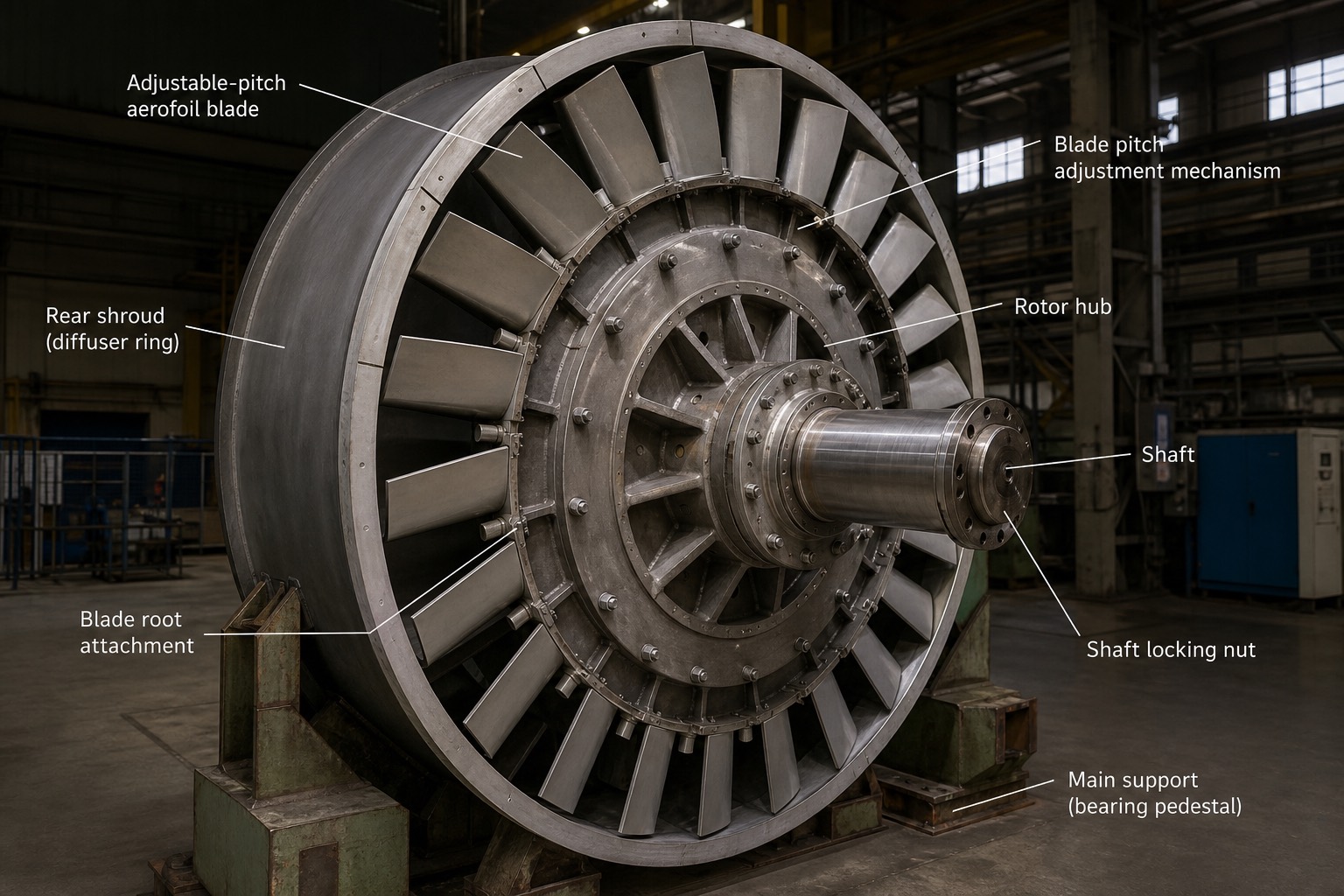 Rotor ของ axial ID fan แบบปรับมุมใบได้ ตั้งอยู่ในโรงซ่อมบำรุง พร้อมป้ายกำกับส่วนประกอบ