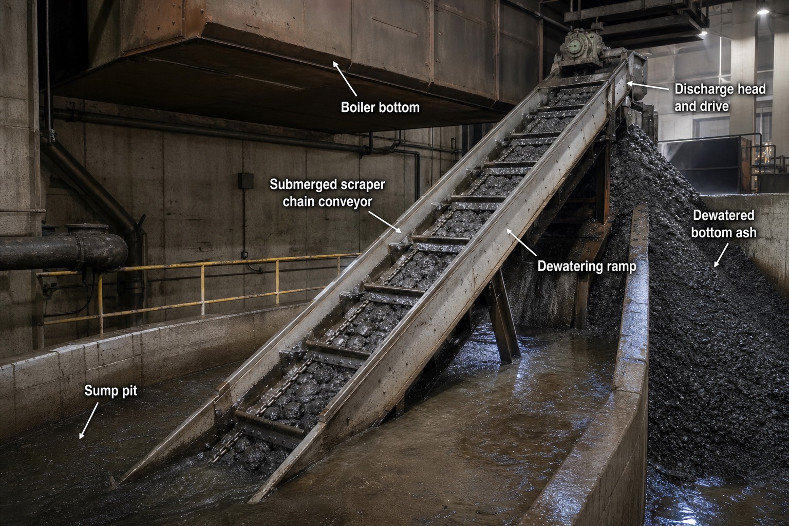 Submerged scraper chain conveyor ลาก bottom ash ใต้น้ำขึ้นทางลาดรีดน้ำใต้ boiler พร้อมป้ายกำกับส่วนประกอบ