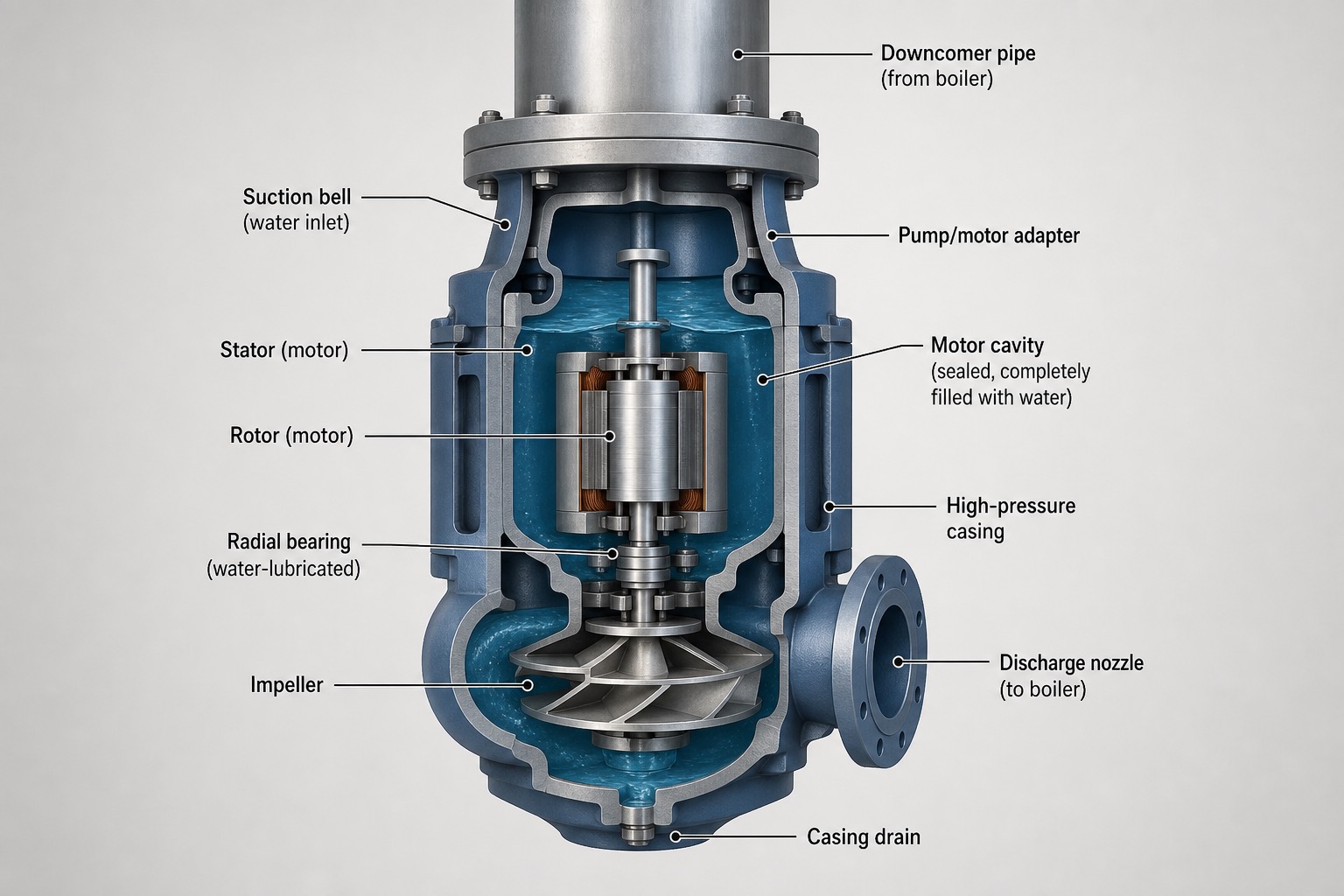 ภาพตัดขวางแสดงภายใน glandless wet-motor boiler water circulation pump พร้อมป้ายกำกับส่วนประกอบ