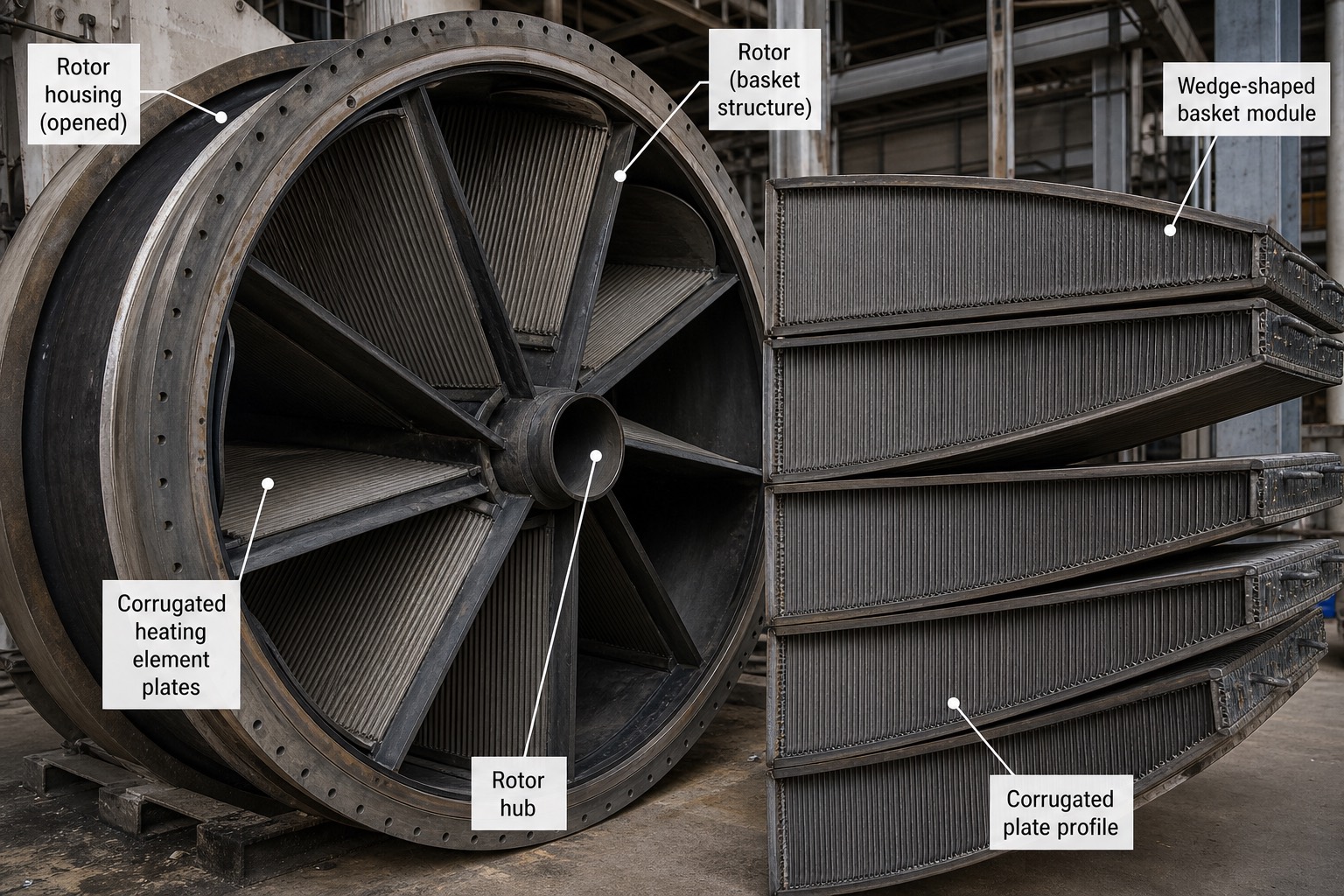 Heating element basket ของ Ljungström air preheater วางเรียงข้าง rotor housing ที่เปิดออกระหว่างหยุดเดินเครื่อง พร้อมป้ายกำกับส่วนประกอบ
