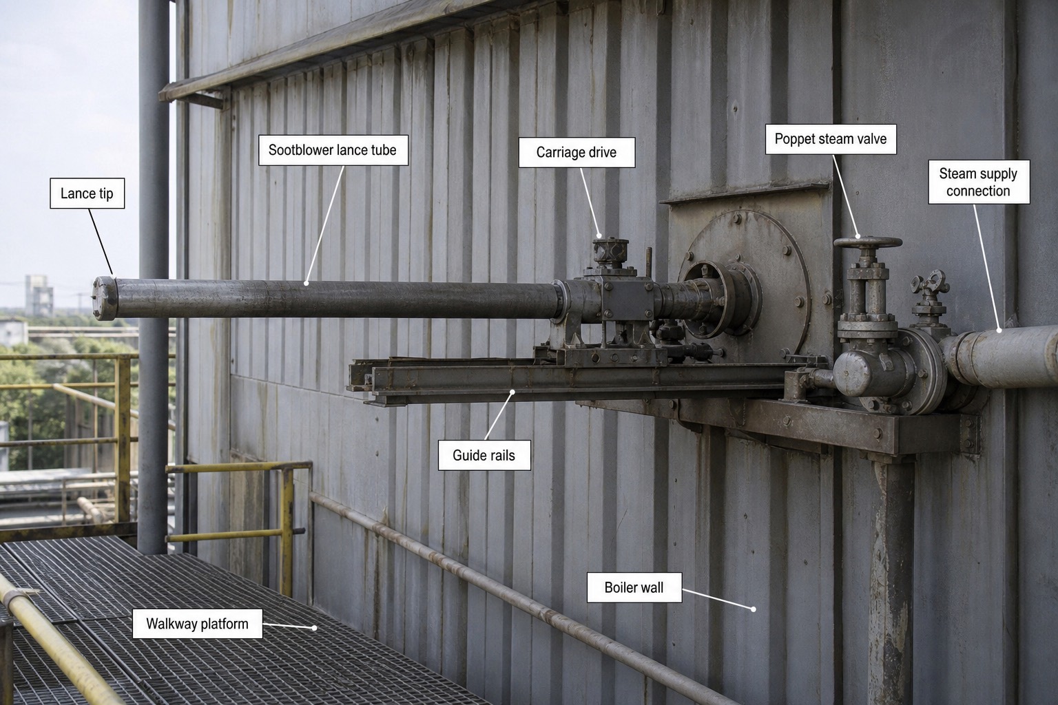 Long retractable soot blower ติดตั้งบนผนังนอกของ boiler ขนาดใหญ่ พร้อมป้ายกำกับส่วนประกอบ