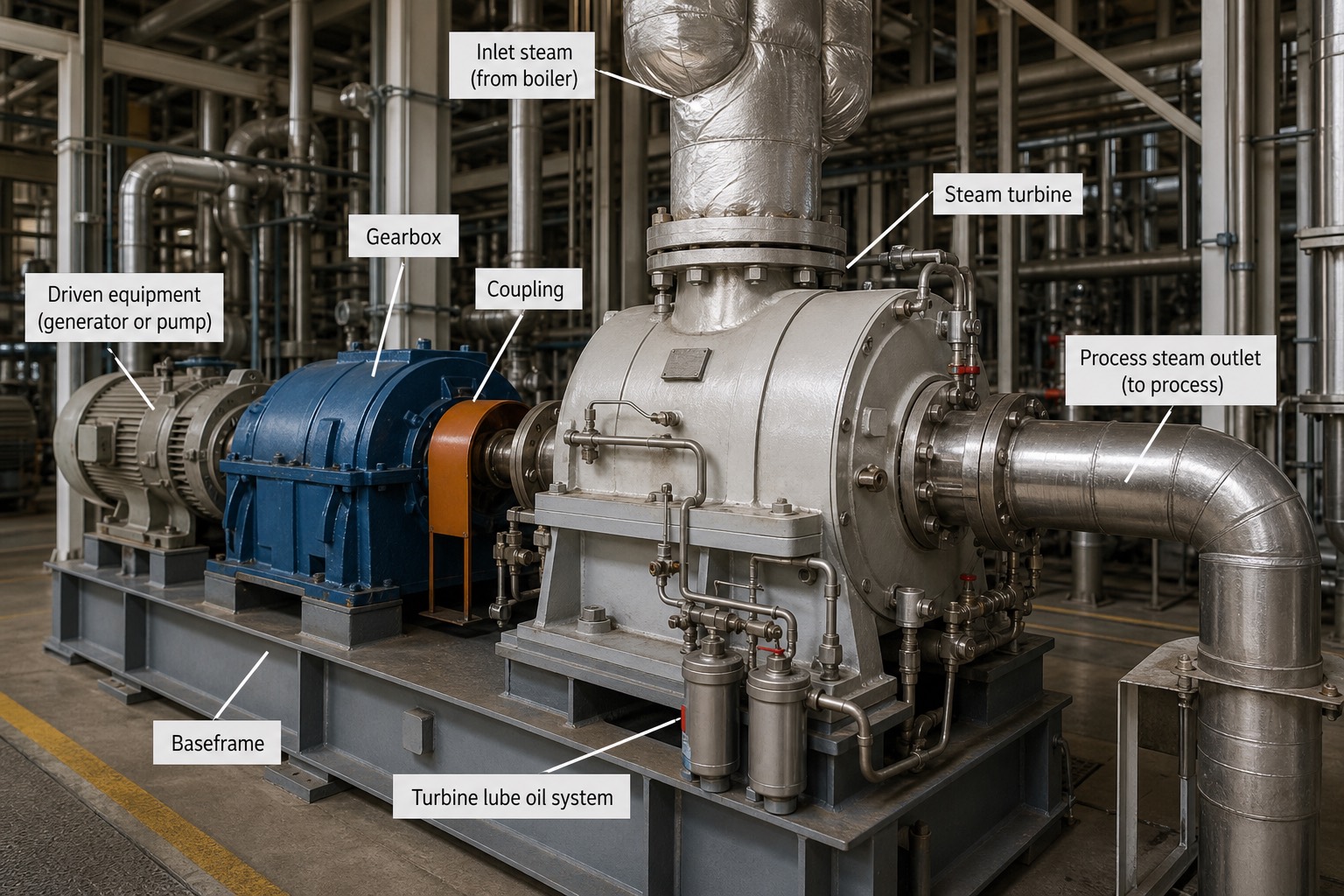 Back-pressure steam turbine ขนาดเล็กขับผ่านเกียร์ในโรง cogeneration พร้อมป้ายกำกับส่วนประกอบ