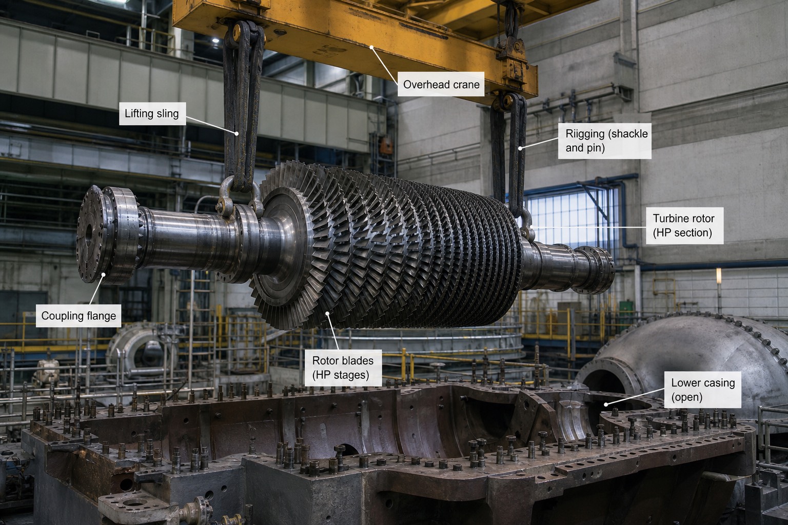 HP rotor ของกังหันไอน้ำถูกยกด้วยเครนเหนือศีรษะระหว่างการซ่อมบำรุงใหญ่ พร้อมป้ายกำกับส่วนประกอบ