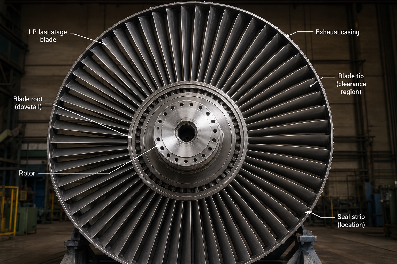 แถว last-stage blade ของ LP turbine มองจากด้านปลายทางออกไอน้ำ เห็นใบยาวบิดตัวเต็มวง พร้อมป้ายกำกับส่วนประกอบ