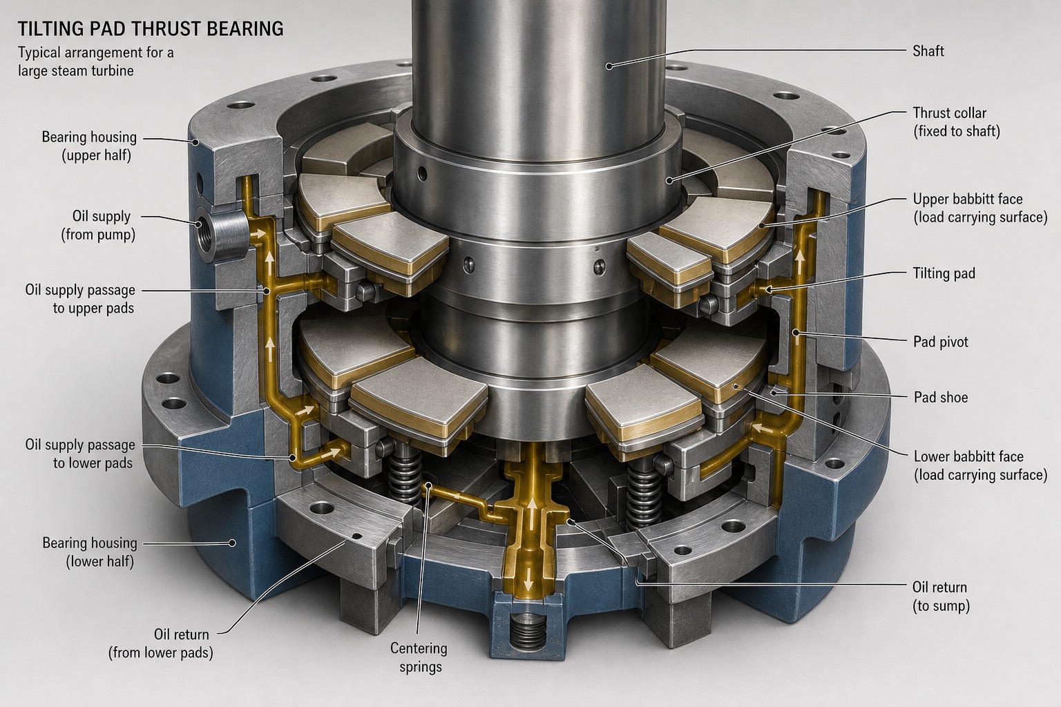 ภาพตัดขวางแสดงชุด tilting pad thrust bearing ของกังหันไอน้ำขนาดใหญ่ พร้อมป้ายกำกับส่วนประกอบ
