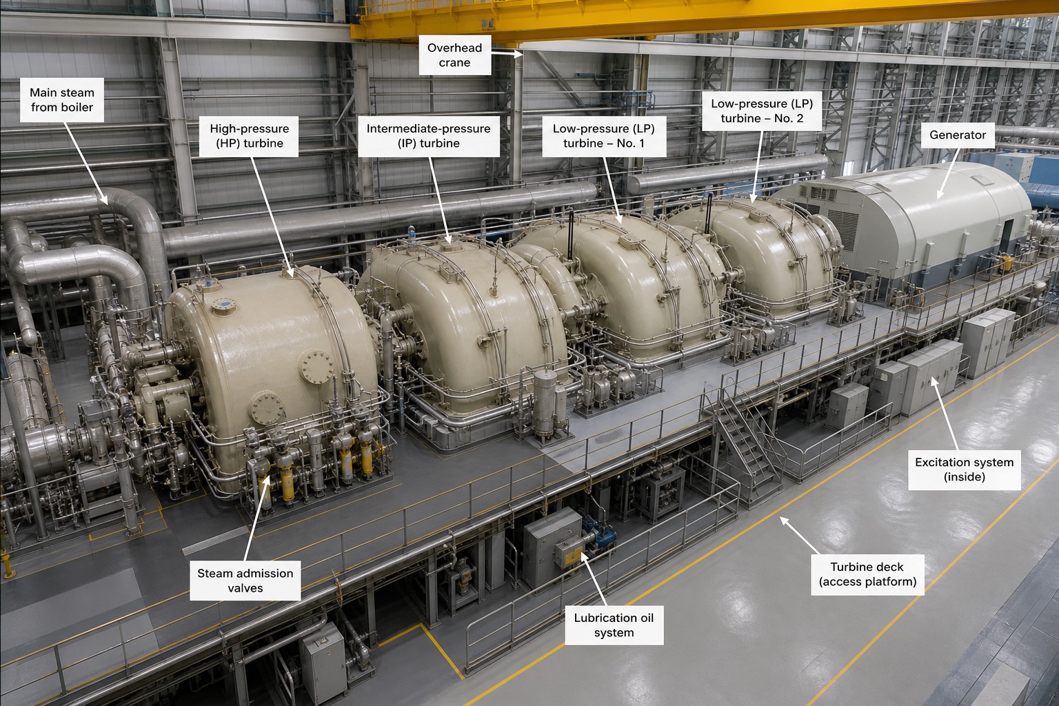 Turbine hall ของหน่วยผลิตขนาดใหญ่ เห็น HP/IP/LP casing ต่อเรียงบนเพลาเดียวถึง generator พร้อมป้ายกำกับส่วนประกอบ