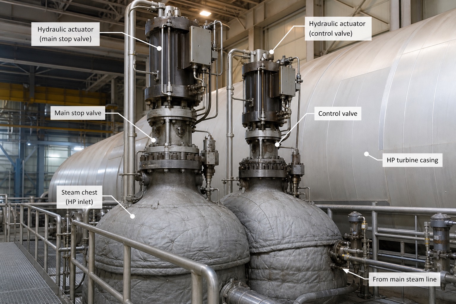 ชุด main stop valve และ control valve พร้อม hydraulic actuator หน้า HP turbine