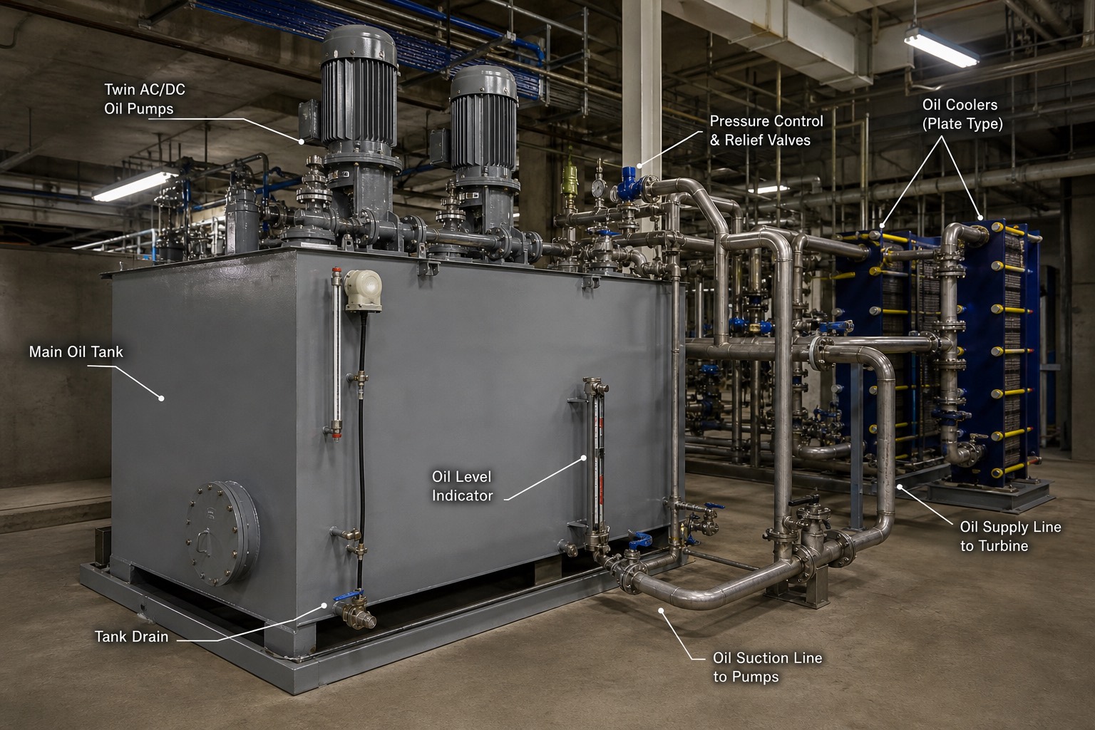 บริเวณ main oil tank พร้อมปั๊มน้ำมันและท่อไป oil cooler