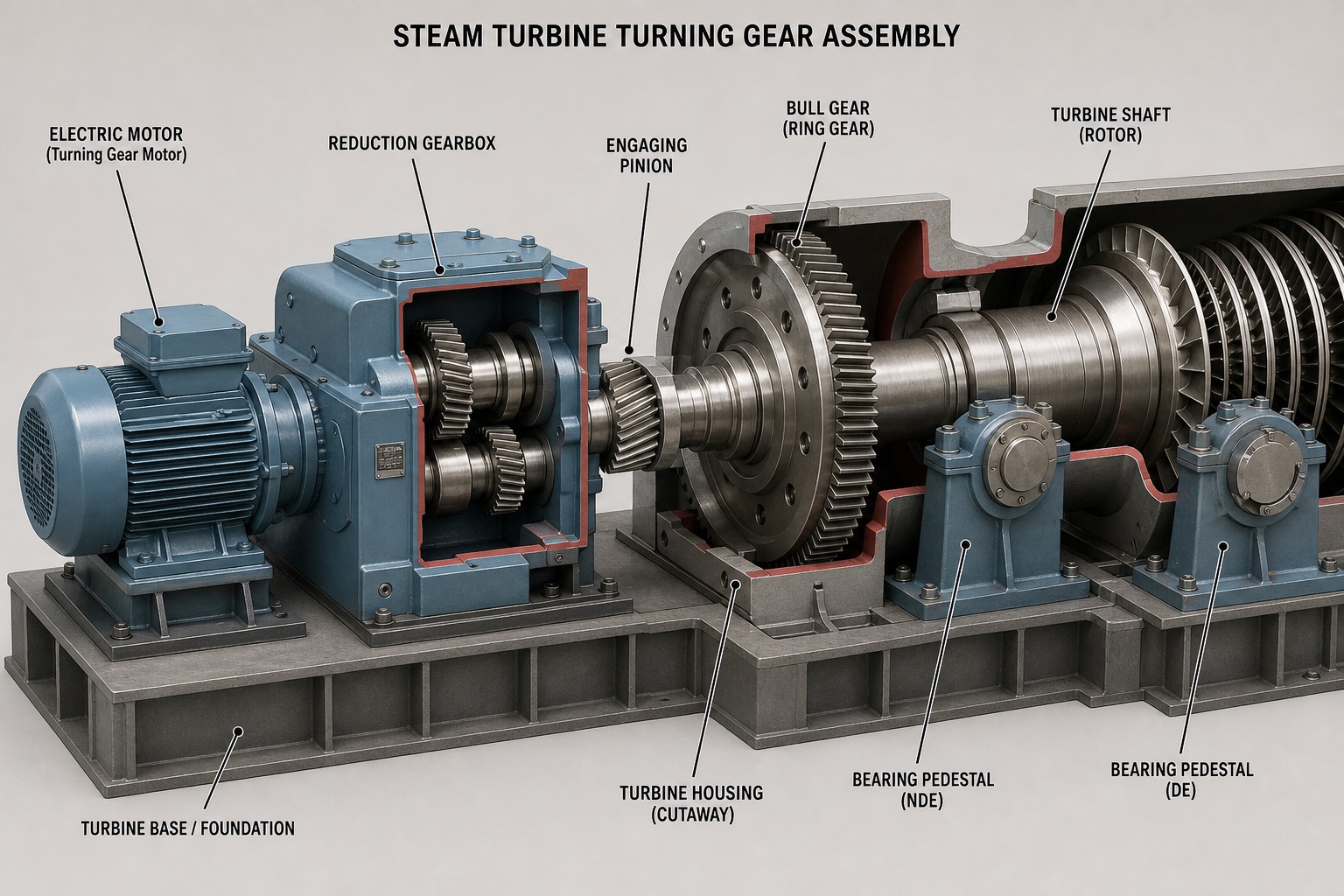 ชุด turning gear: มอเตอร์ เฟืองทด และ pinion ขบกับ bull gear บนเพลากังหัน
