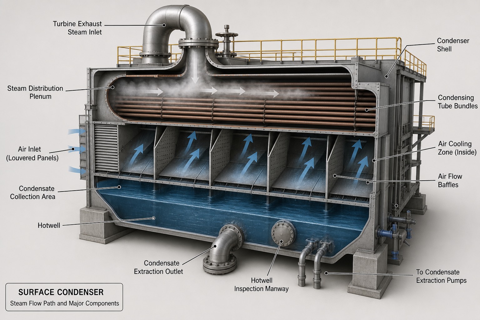 ภาพตัด condenser: เส้นทางไอน้ำผ่าน tube bundle ลงสู่ hotwell