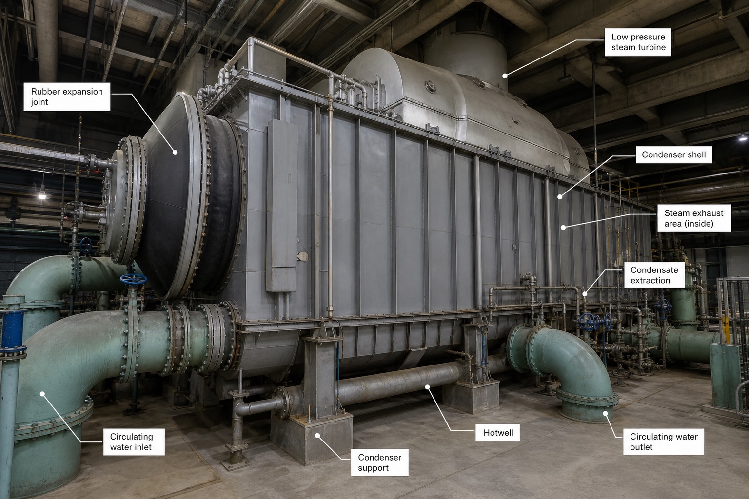 Surface condenser ใต้ LP turbine เชื่อมด้วย expansion joint