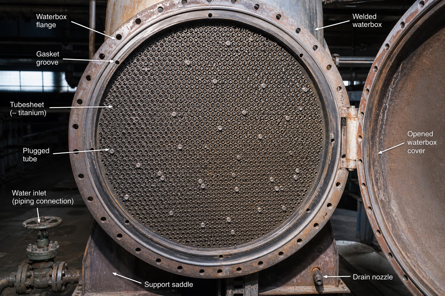 Tubesheet ของ condenser เมื่อเปิด waterbox — เห็นปลาย tube นับหมื่นท่อ