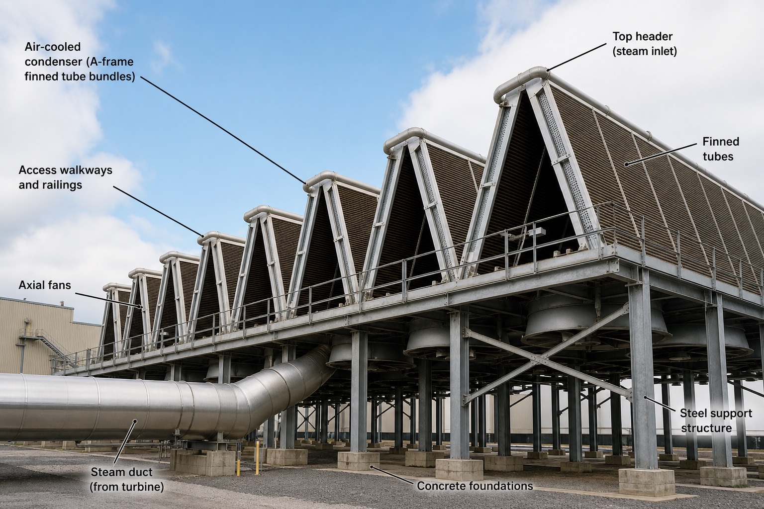 Air-cooled condenser โครง A-frame พร้อมพัดลมขนาดใหญ่ด้านใต้
