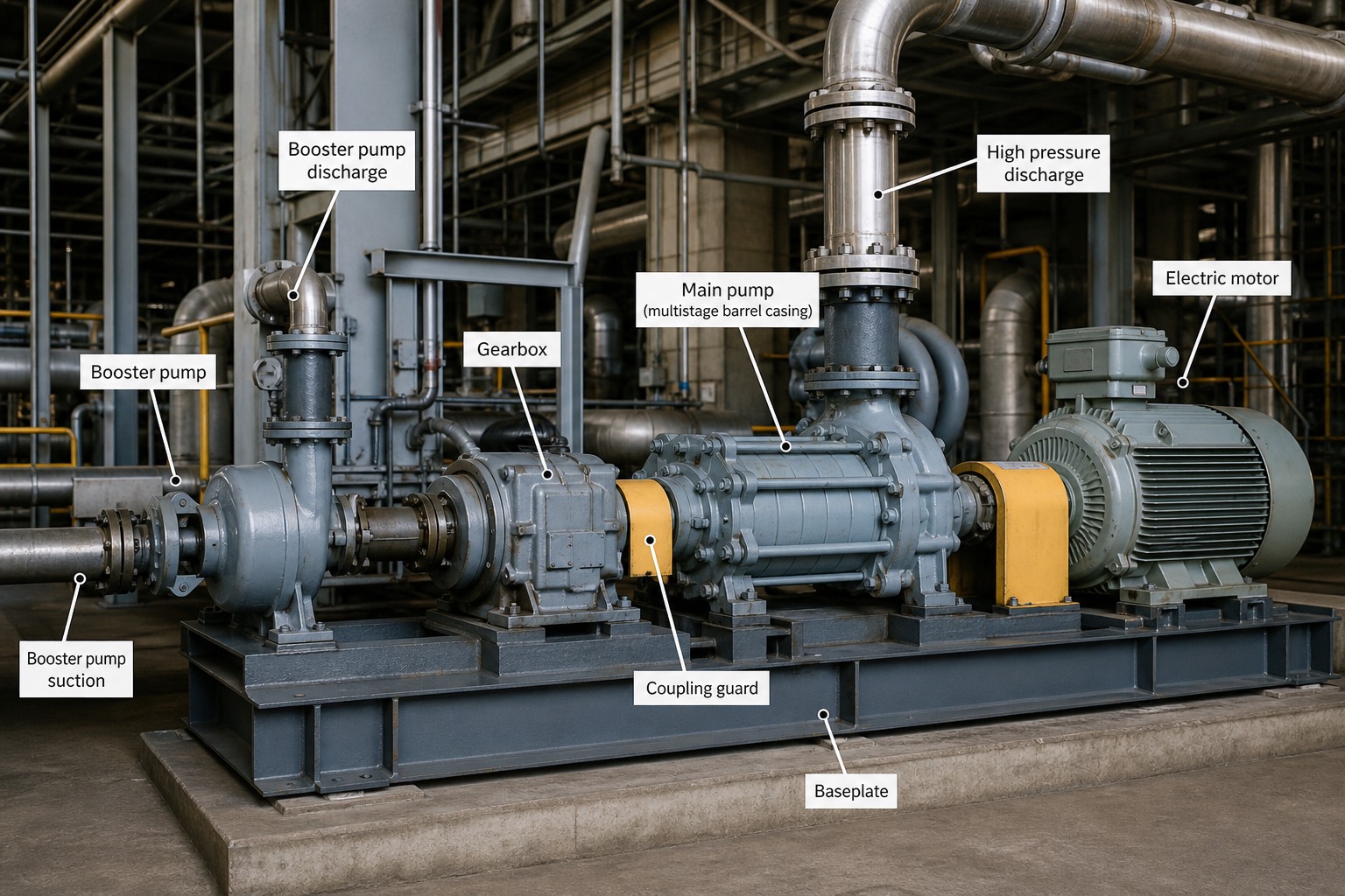 ชุด BFP: booster pump + ปั๊มหลักหลาย stage + มอเตอร์ขับ