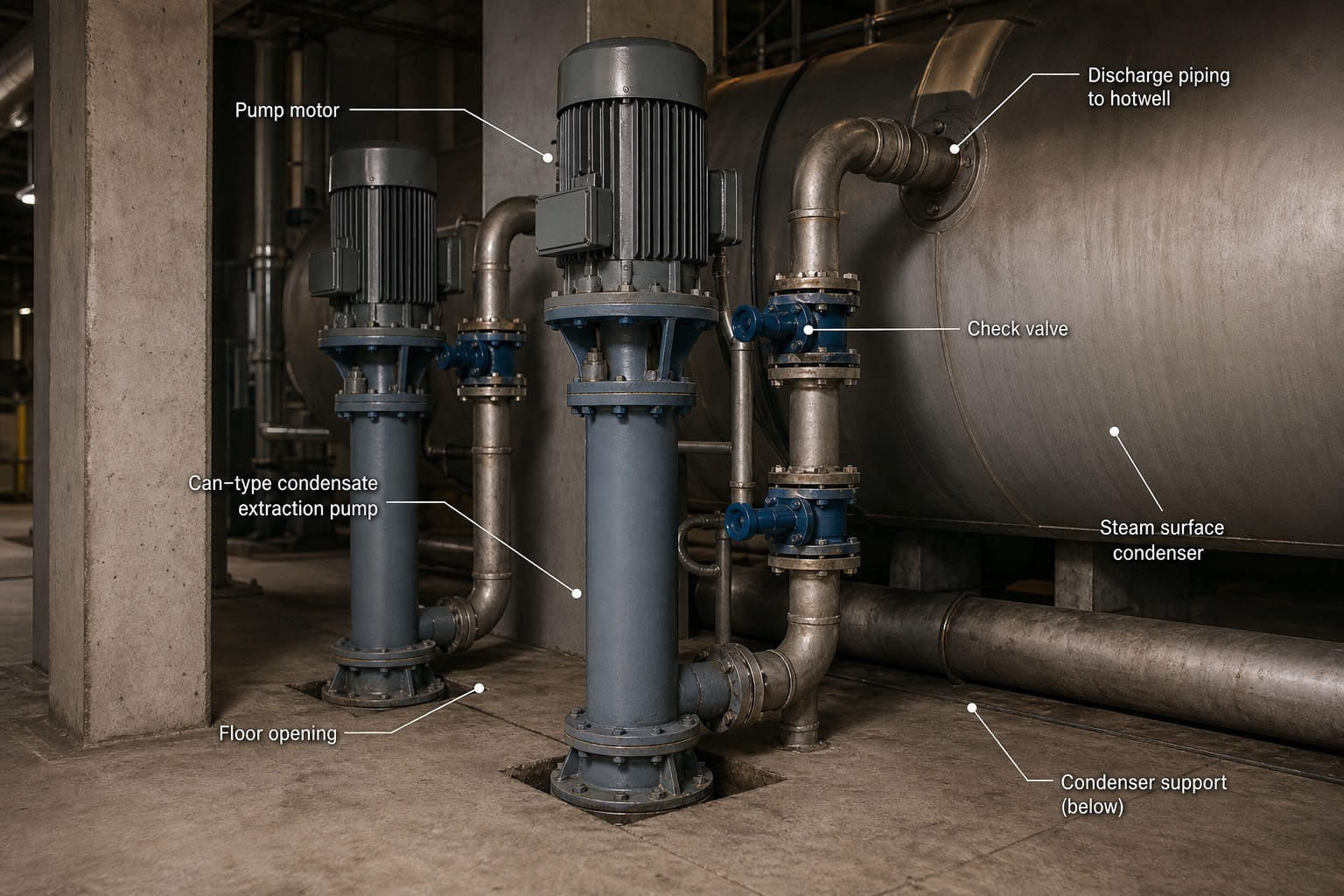 Condensate extraction pump แบบ can แนวตั้ง — ใบพัดชั้นแรกฝังลึกเพื่อ NPSH