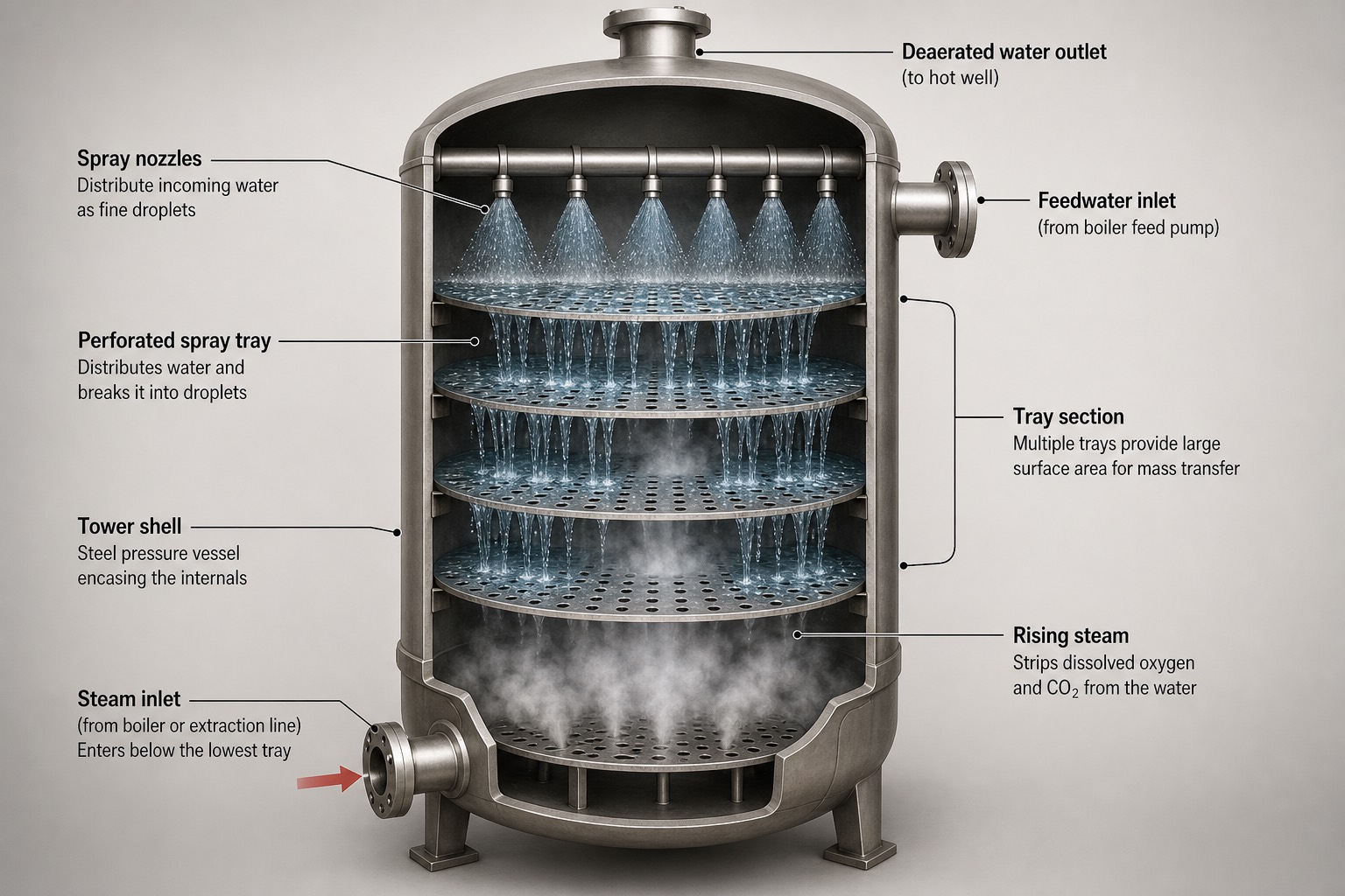 ภายในหอ deaerator แบบ spray-tray: น้ำตกผ่าน tray สวนกับไอน้ำ