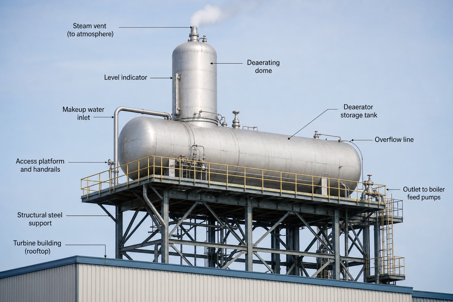 Deaerator และ storage tank ติดตั้งสูงบนโครงเหล็ก — ไอพวยจาก vent คือการไล่ก๊าซปกติ