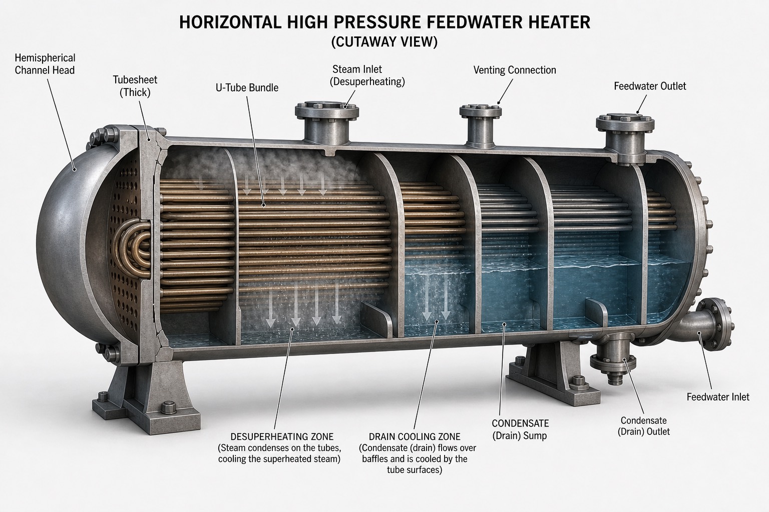 ภาพตัด HP heater: channel head, U-tube และ baffle แบ่งโซน
