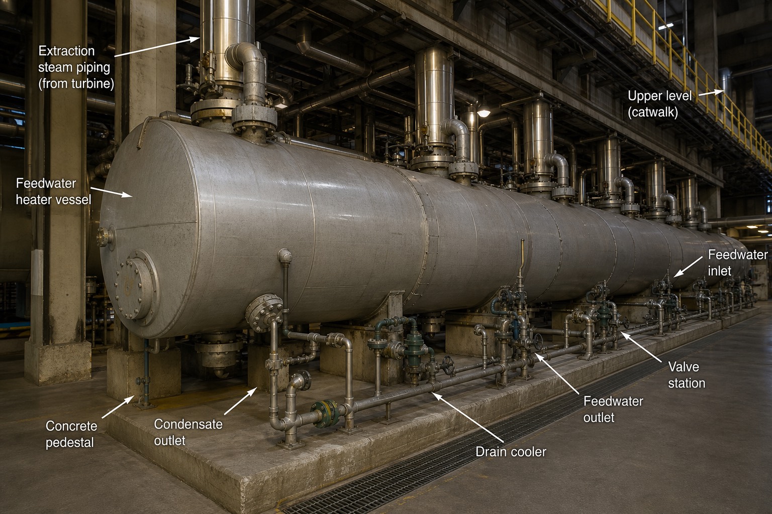 แถว feedwater heater แนวนอนใต้ turbine hall พร้อมท่อไอ extraction
