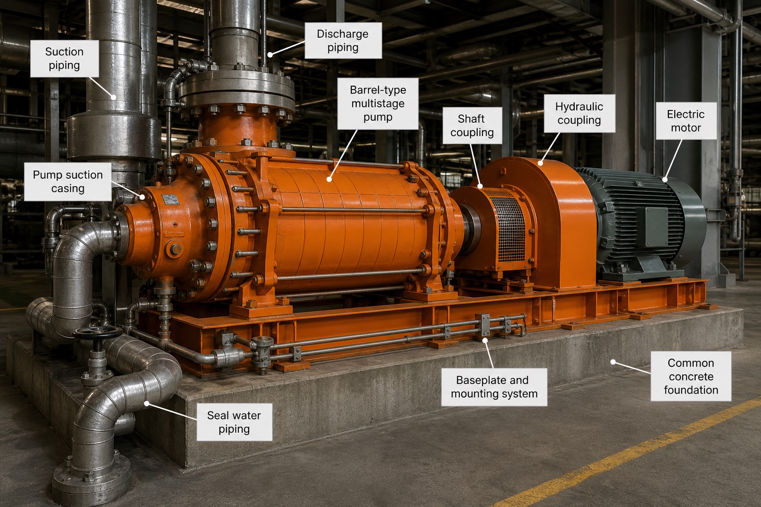 Boiler feed pump แบบ barrel หลาย stage พร้อมมอเตอร์ขับ — โหลด auxiliary ก้อนใหญ่ที่สุดของโรงไฟฟ้า