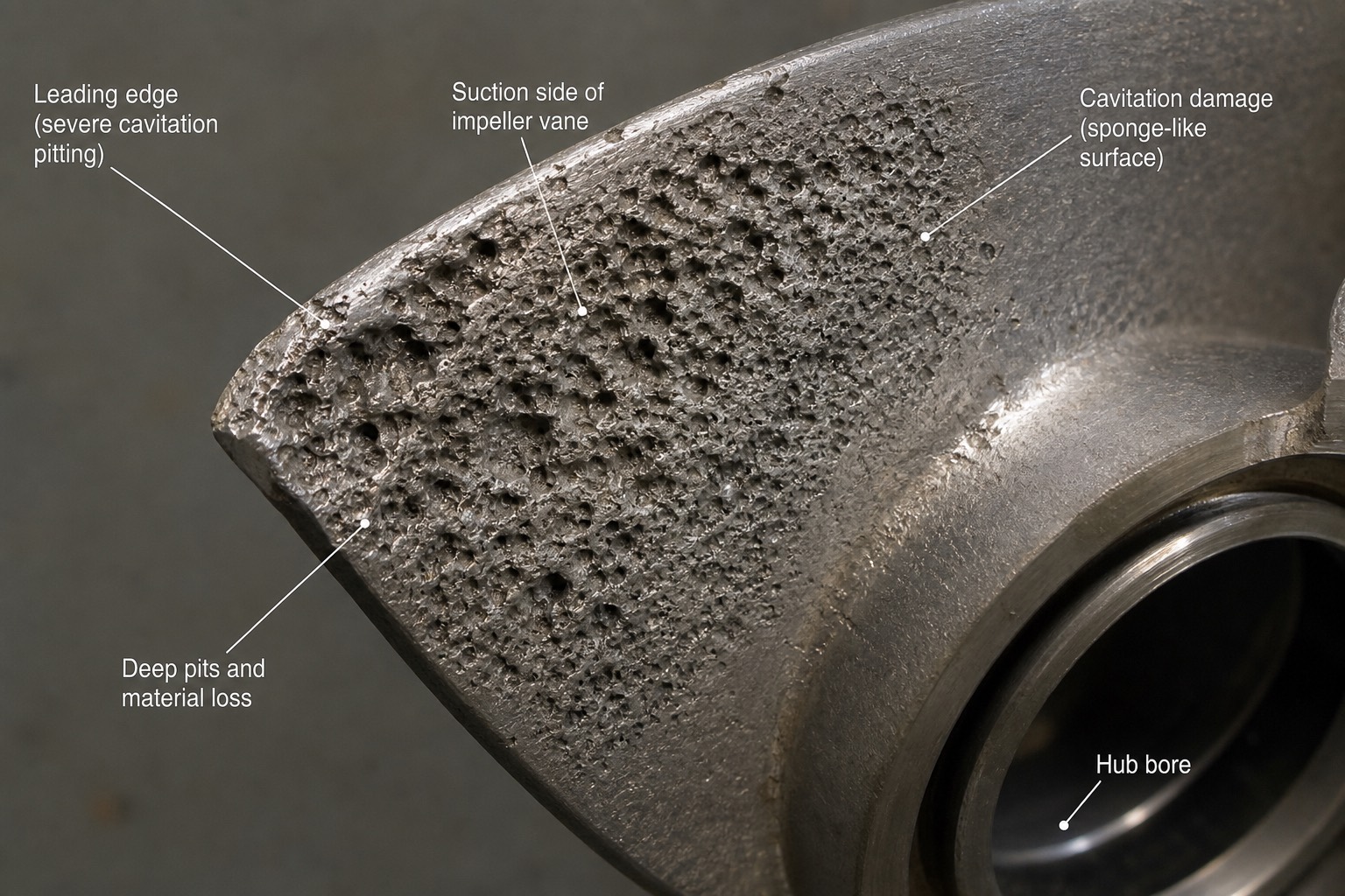 ความเสียหายจาก cavitation — เนื้อโลหะถูกกัดเป็นรูพรุนด้าน suction ของใบพัด