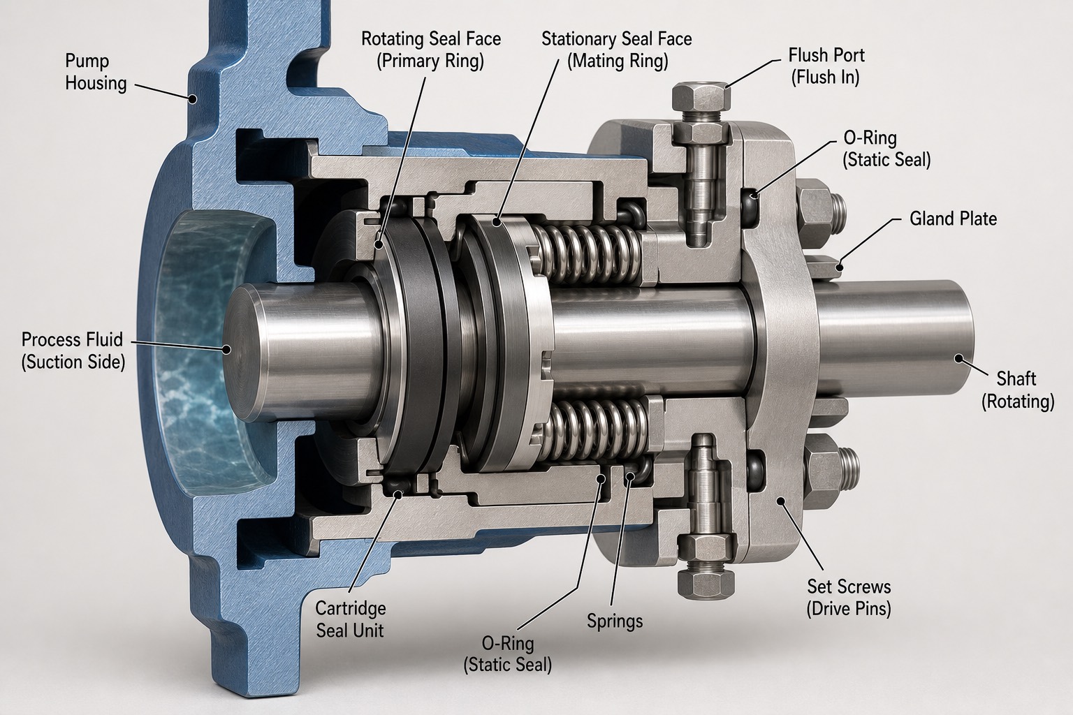 Cartridge mechanical seal ผ่าครึ่ง — หน้าสัมผัส carbon กับ silicon carbide เรียบระดับแสง