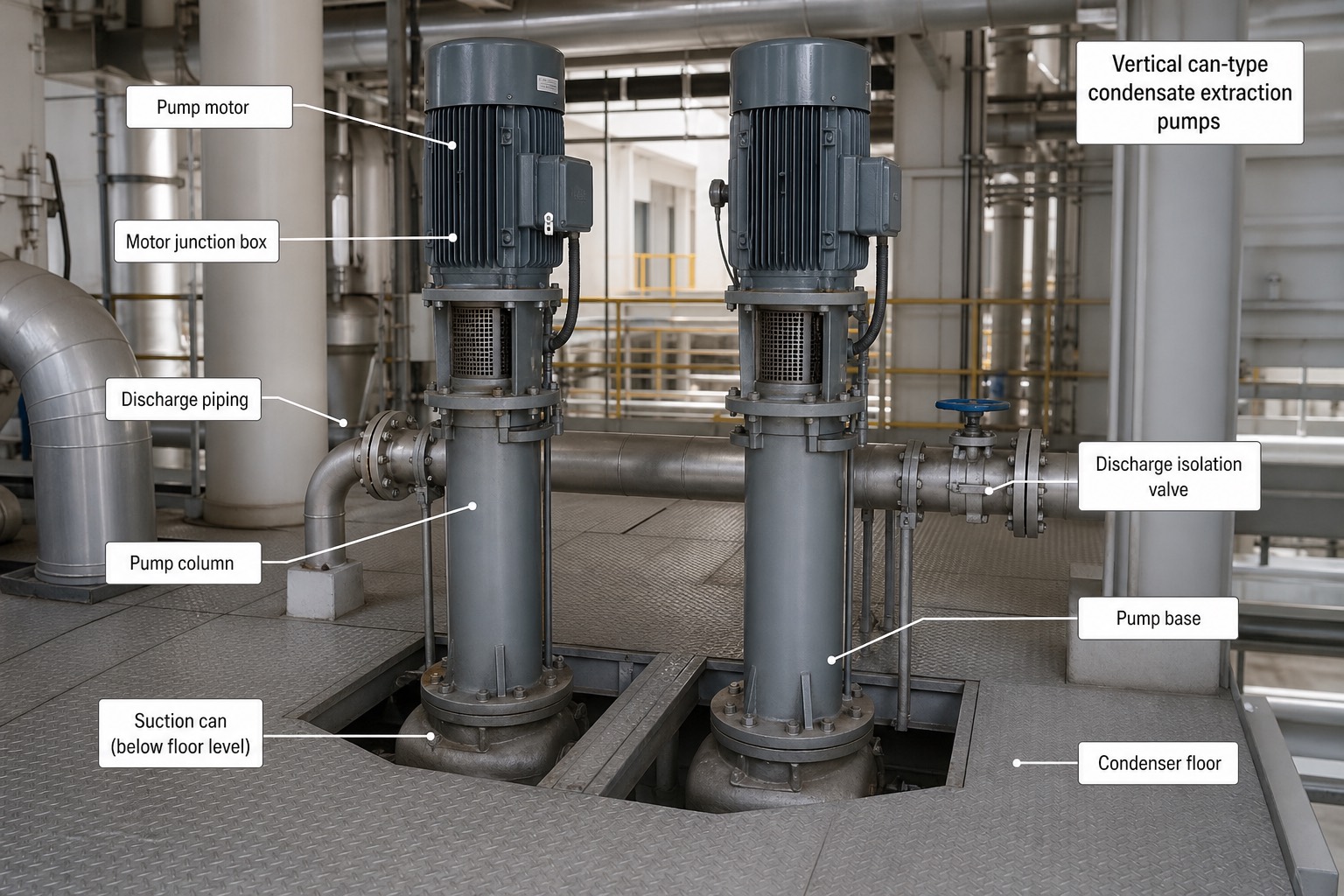 Condensate pump แบบ vertical can — จม impeller ใต้พื้นเพื่อให้ได้ NPSH เพียงพอ