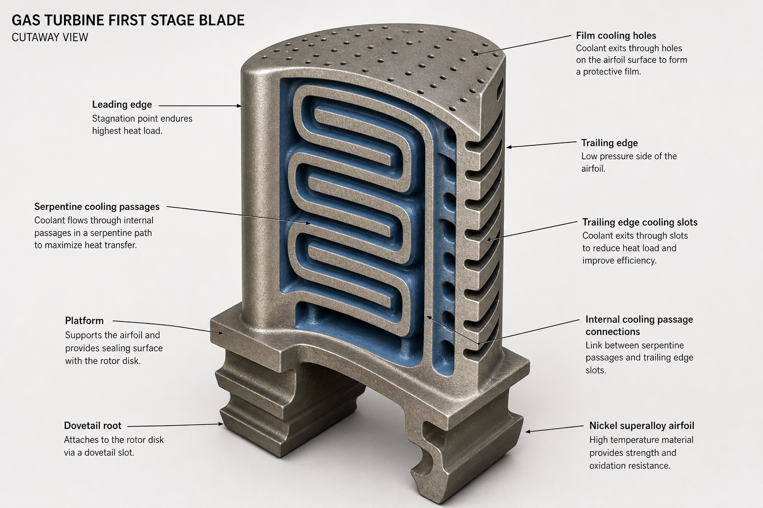 ภาพตัดใบพัด turbine stage 1 — ช่องระบายความร้อนภายในและรู film cooling