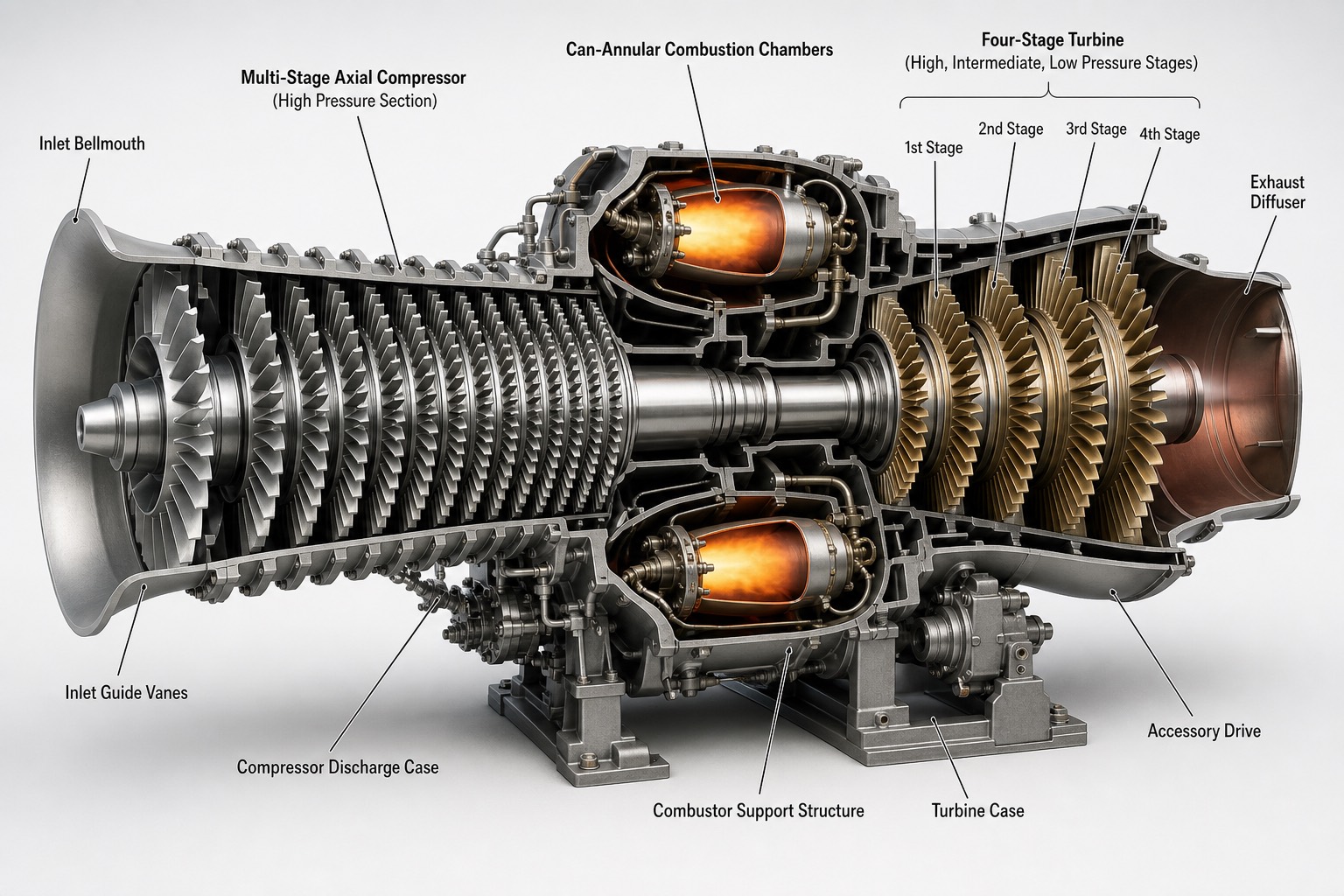 ภาพตัดภายใน gas turbine — compressor, combustor และ turbine บนเพลาเดียว