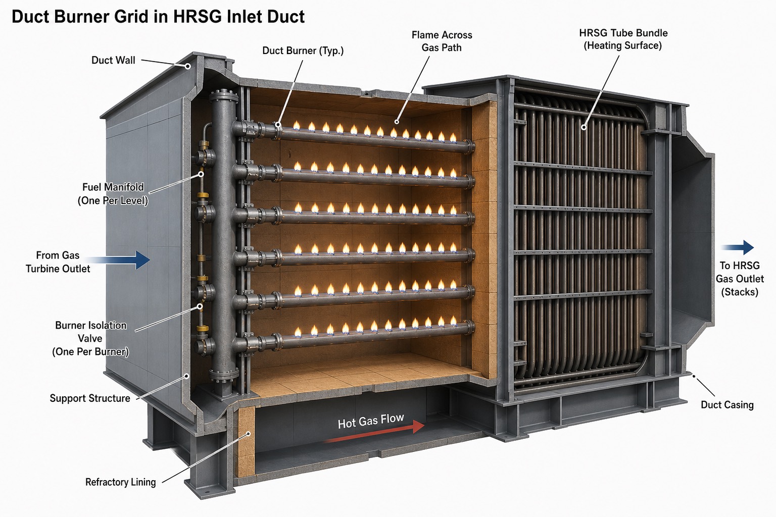 Duct burner แบบ grid ใน inlet duct — supplementary firing