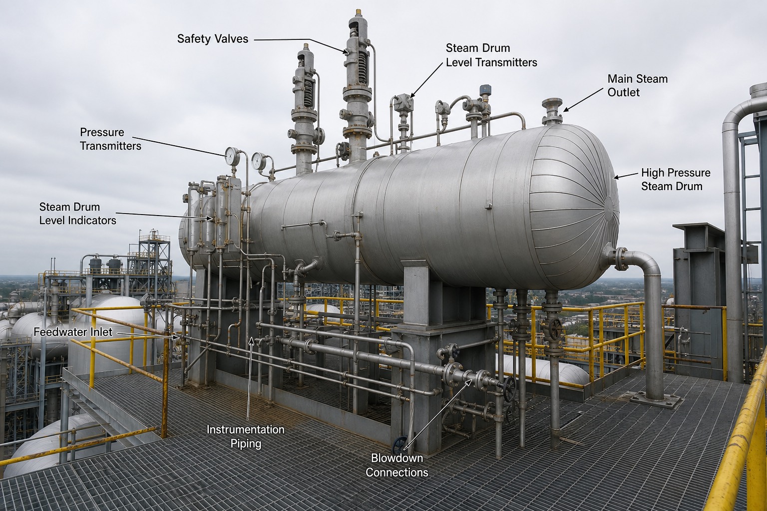 HP drum บนหลังคา HRSG พร้อม safety valve และท่อเครื่องวัด