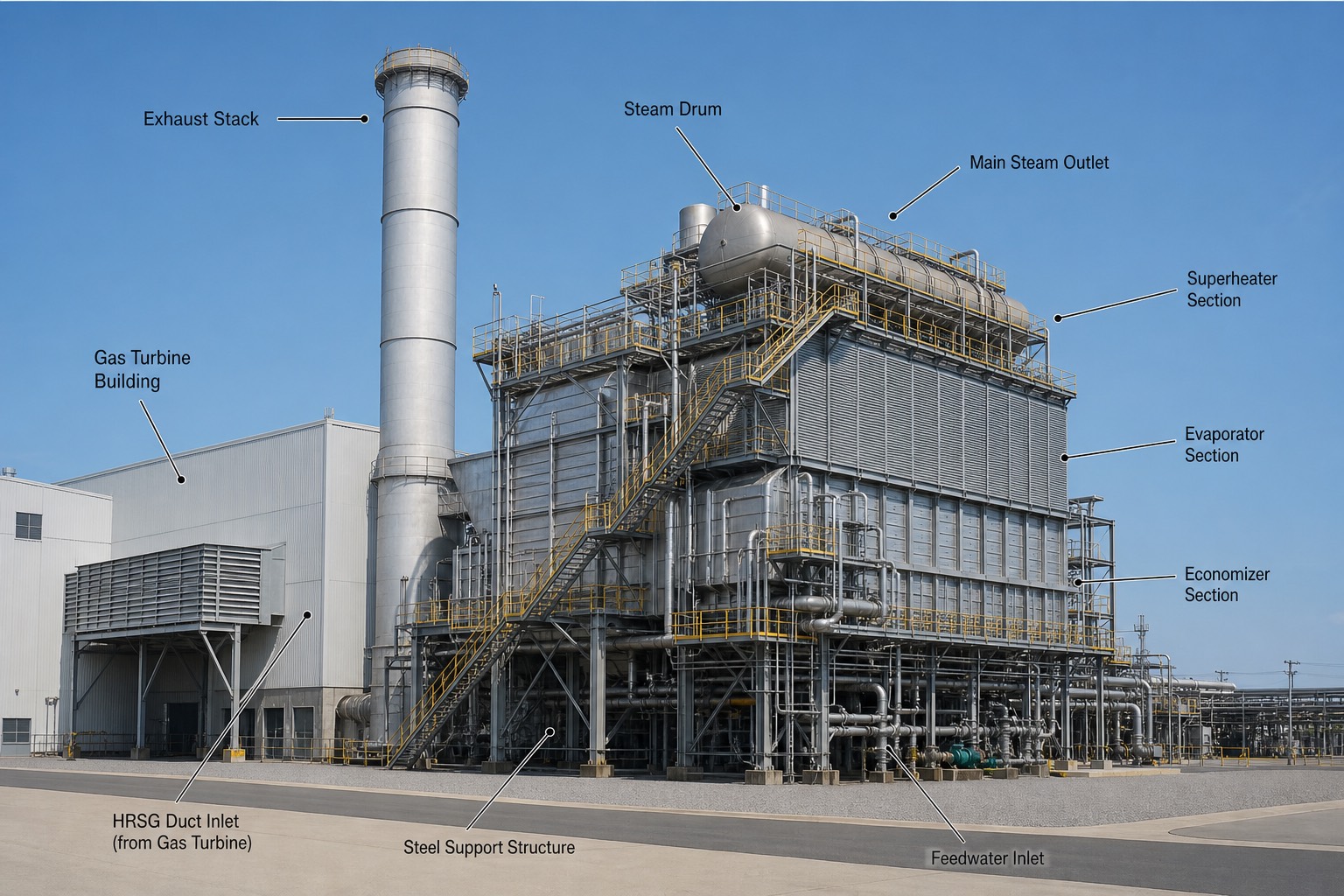 HRSG และปล่องของโรงไฟฟ้าพลังความร้อนร่วม
