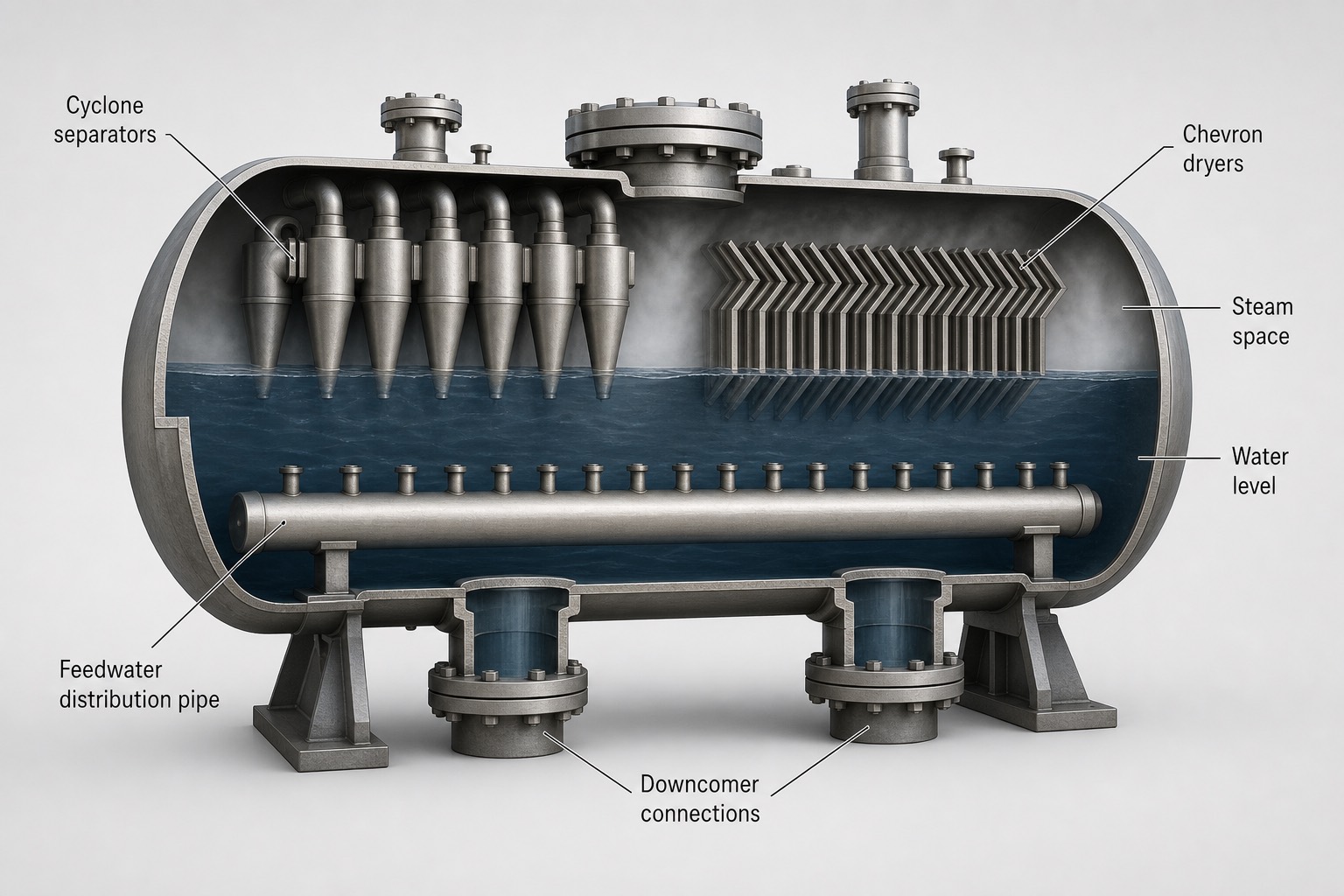 ภายใน steam drum — cyclone separator และ chevron dryer แยกไอออกจากน้ำ