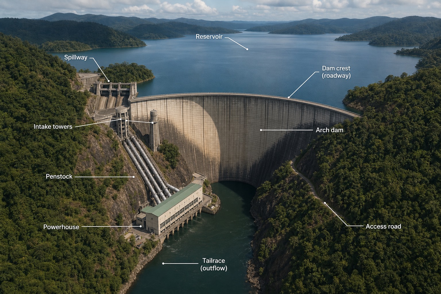 เขื่อนคอนกรีตโค้ง (arch dam) — ถ่ายแรงดันน้ำเข้าผนังหุบเขาสองข้าง