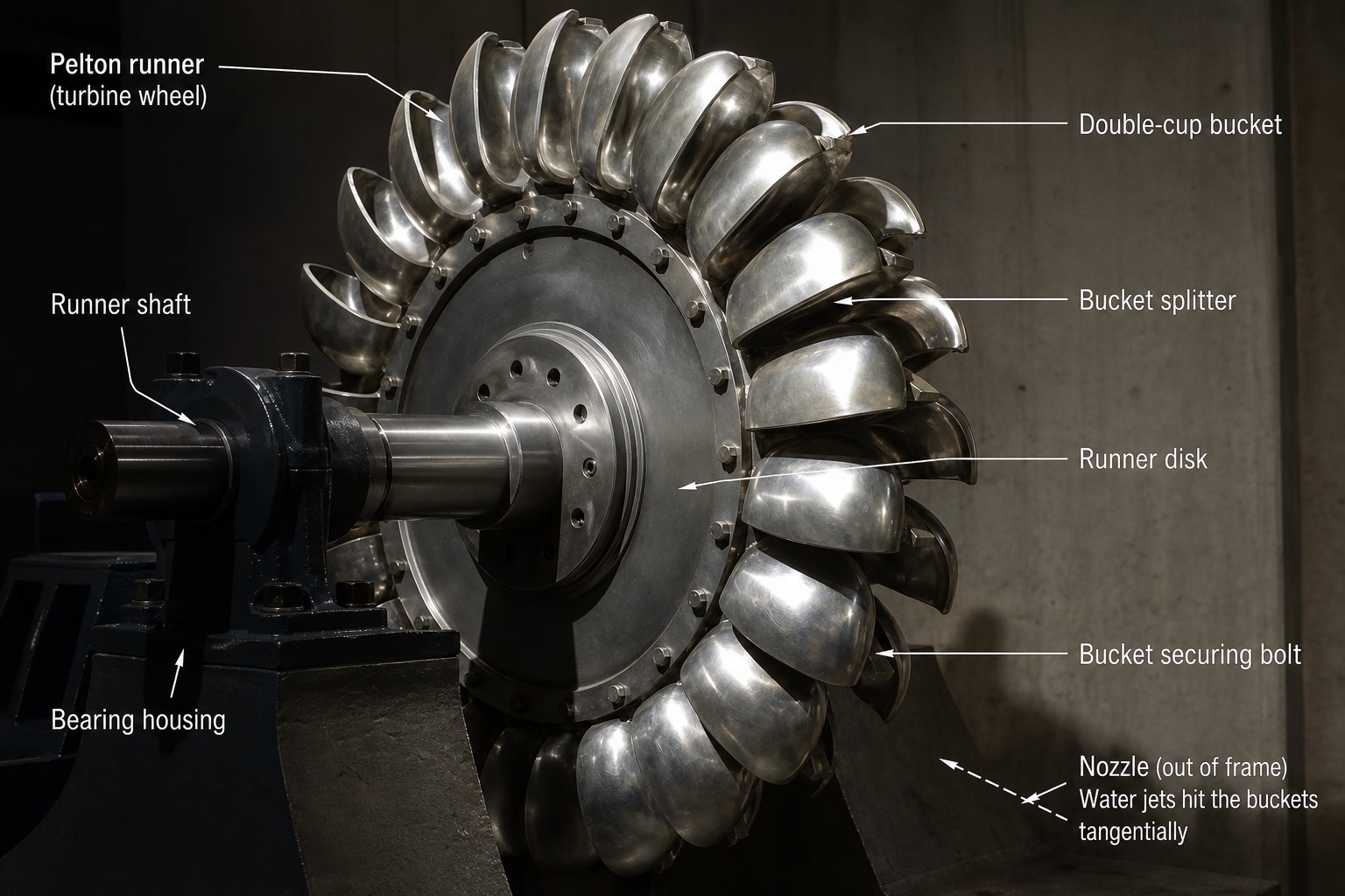 Pelton wheel — bucket รูปถ้วยคู่รับเจ็ตน้ำความเร็วสูง
