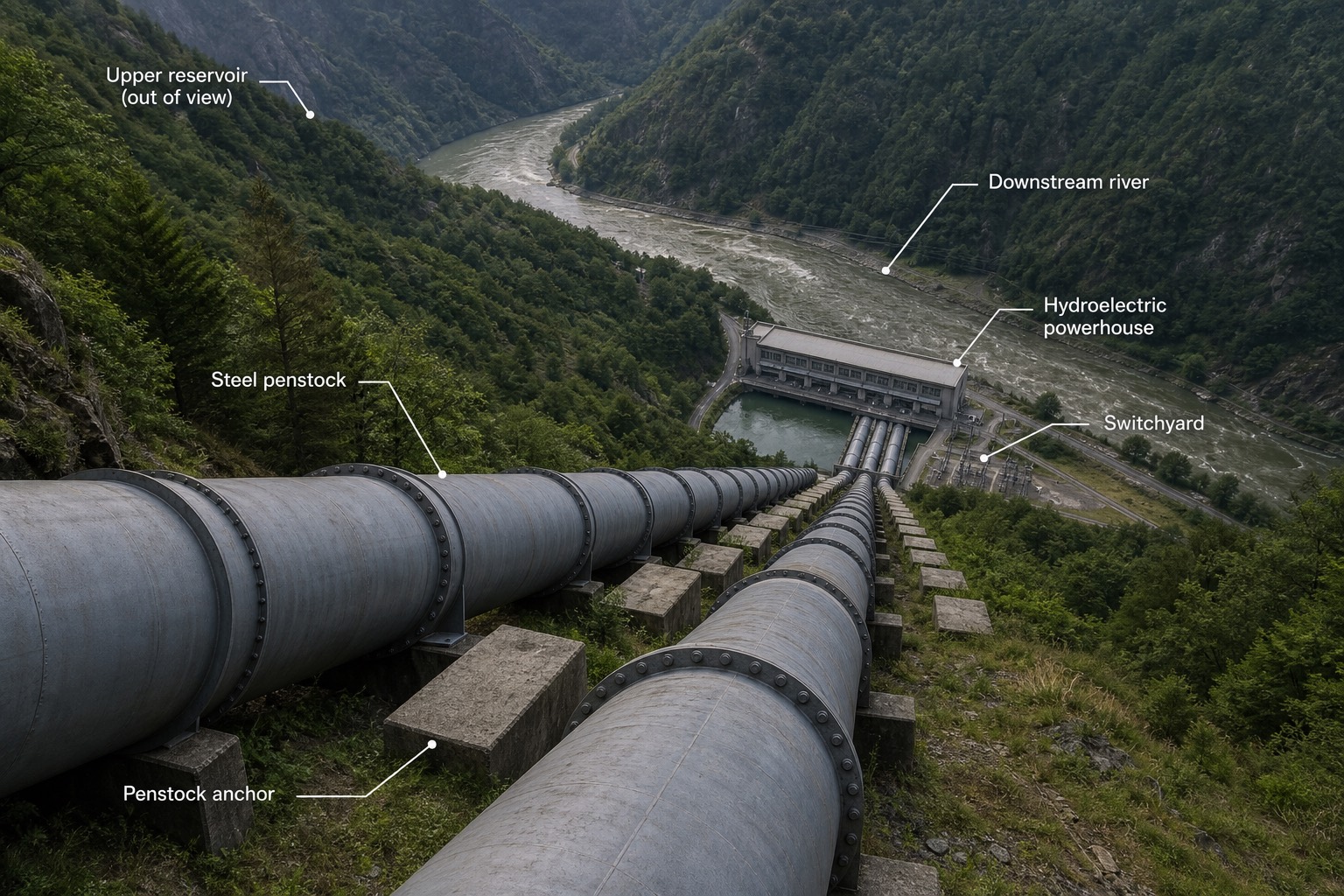 Penstock ลาดลงเขาเข้าโรงไฟฟ้า