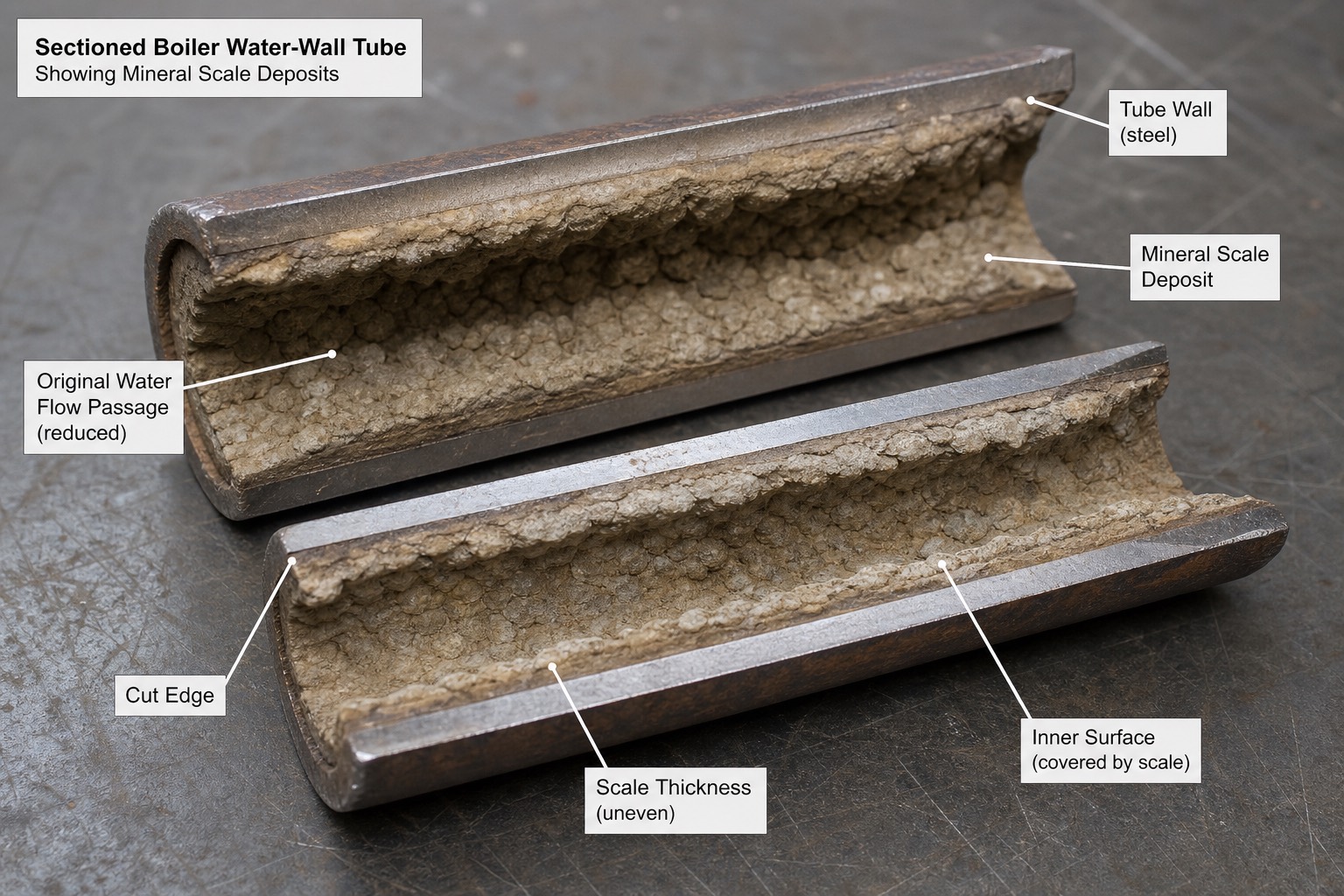 ท่อ boiler ผ่าครึ่งเห็น scale เกาะภายใน