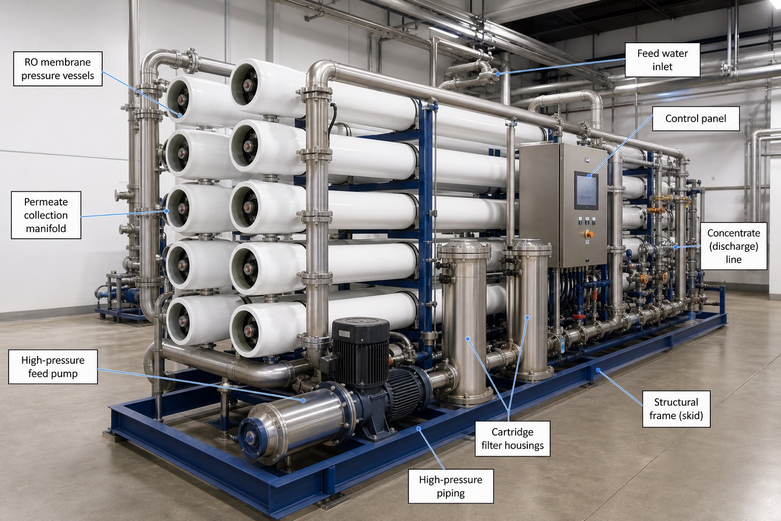 RO skid — membrane อัดความดันแยกเกลือออกจากน้ำ
