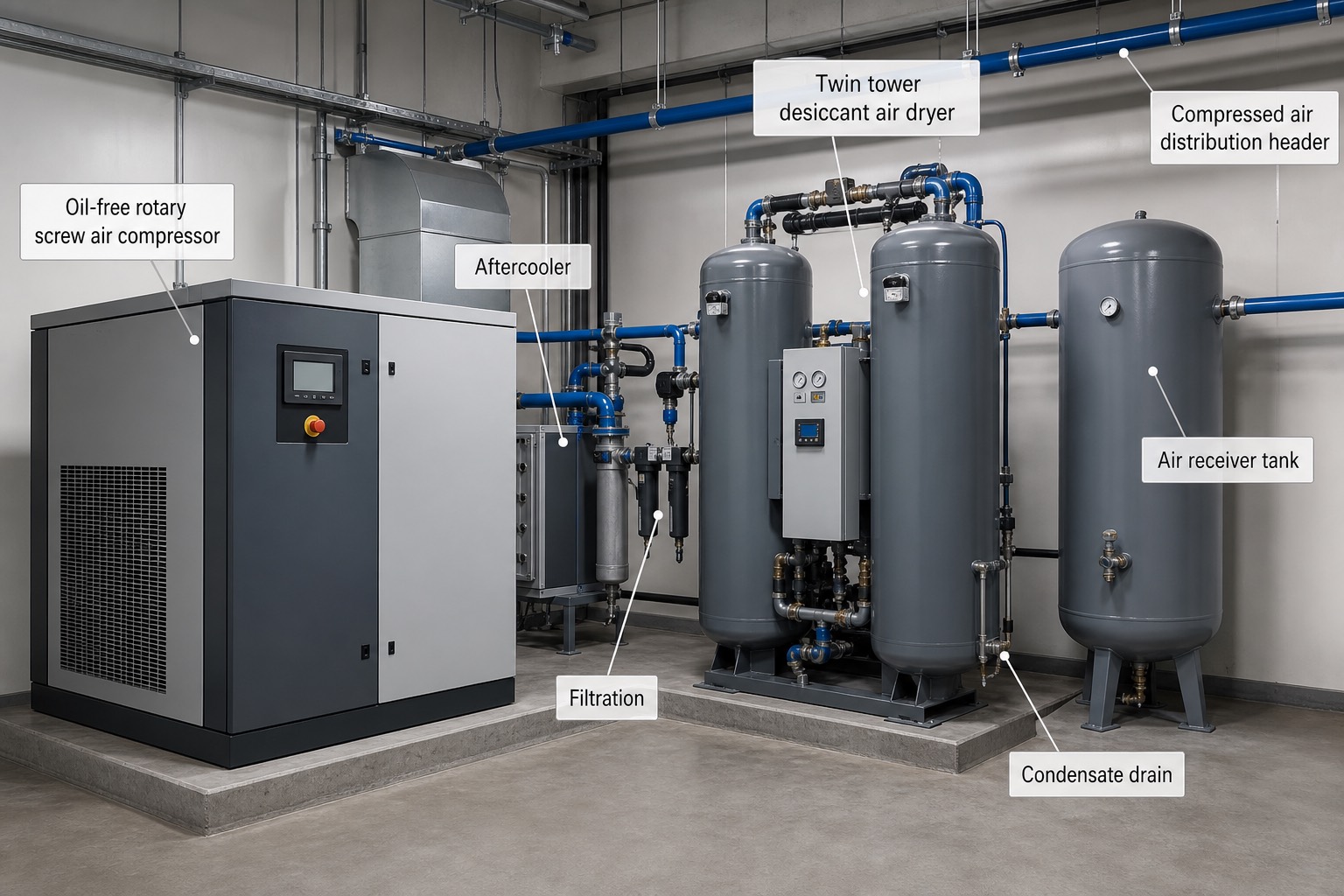 ชุด instrument air: screw compressor และ desiccant dryer แบบ twin tower
