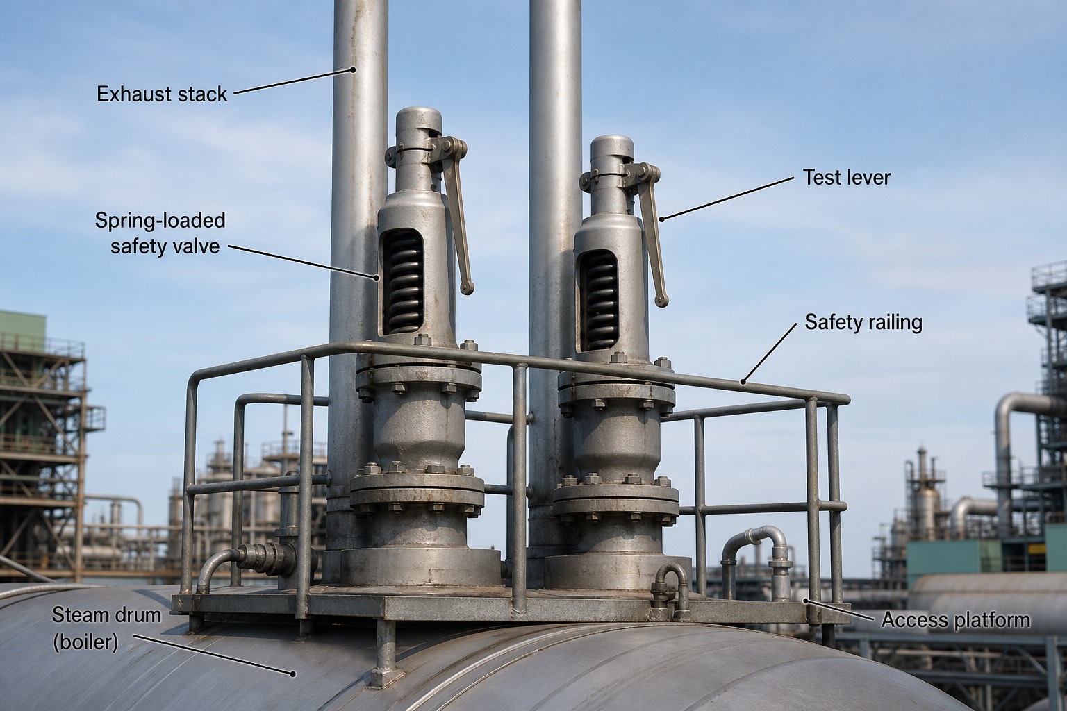 Safety valve คู่บน steam drum พร้อมท่อระบายขึ้นหลังคา