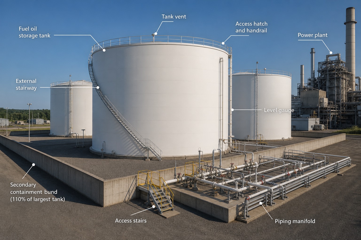 Tank farm น้ำมันเชื้อเพลิงพร้อม bund wall กันรั่วไหล