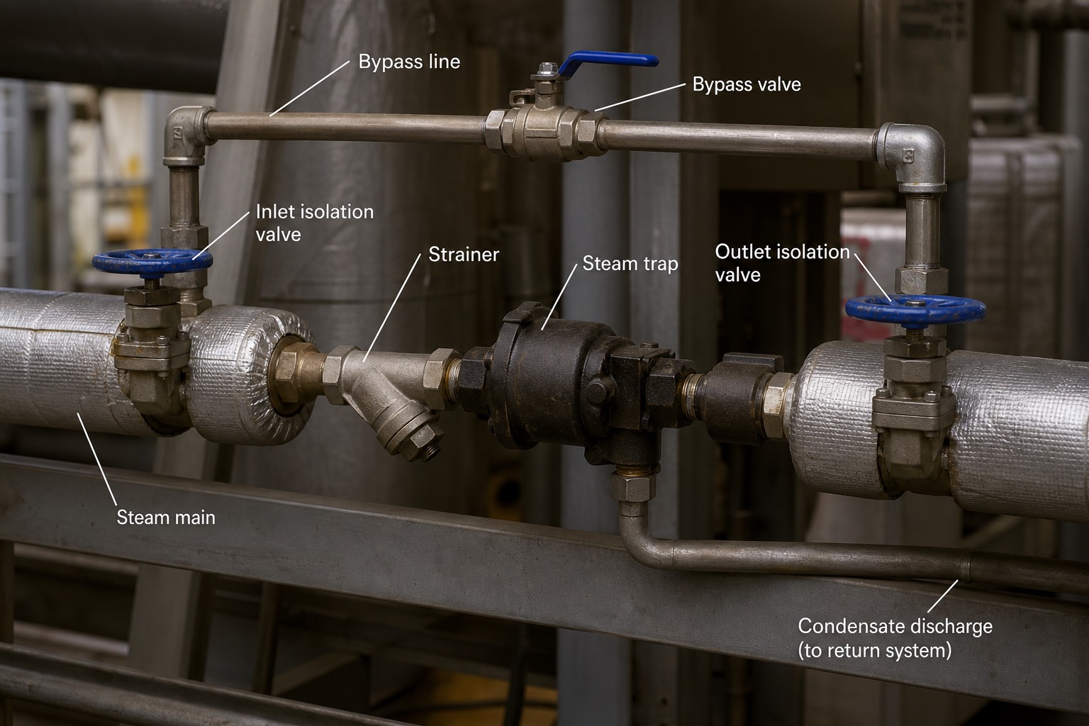สถานี steam trap พร้อมวาล์ว isolate และ bypass