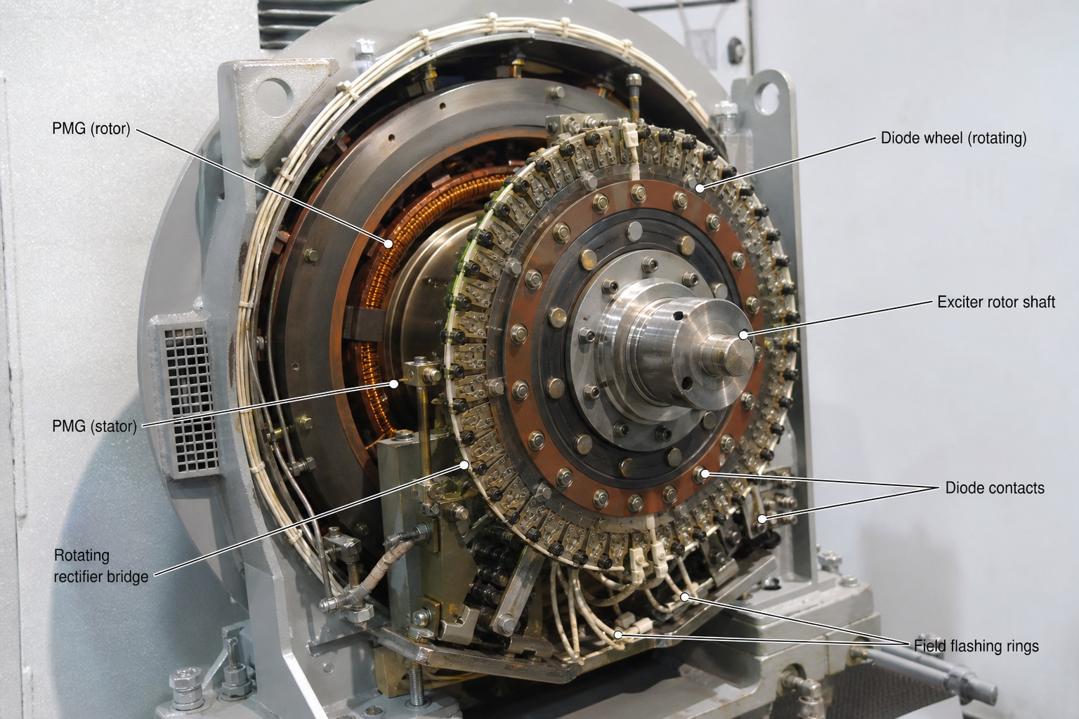 ปลายเพลาด้าน exciter: rotating diode wheel และ PMG